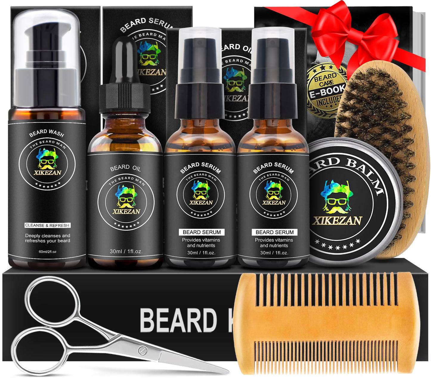 XIKEZAN Beard Kit for Men Grooming & Care Set w/2 Pack Beard Serum, Wash, Oil, Balm, Comb, Brush, Scissor, Bag, EBook, Unique Birthday Gifts for Men Beauty and Personal Care XIKEZAN