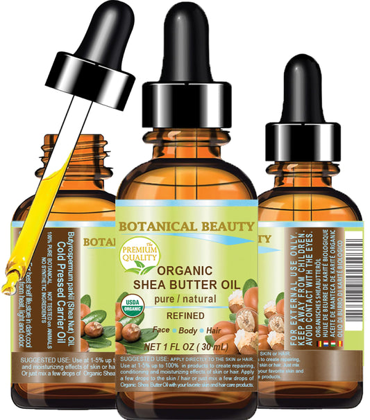 Botanical Beauty Organic SHEA BUTTER OIL 100% Pure Natural Undiluted Refined Cold Pressed Carrier Oil. 1 Fl.oz.- 30 ml for Face, Skin, Hair, Lip Beauty & Personal Care Botanical Beauty