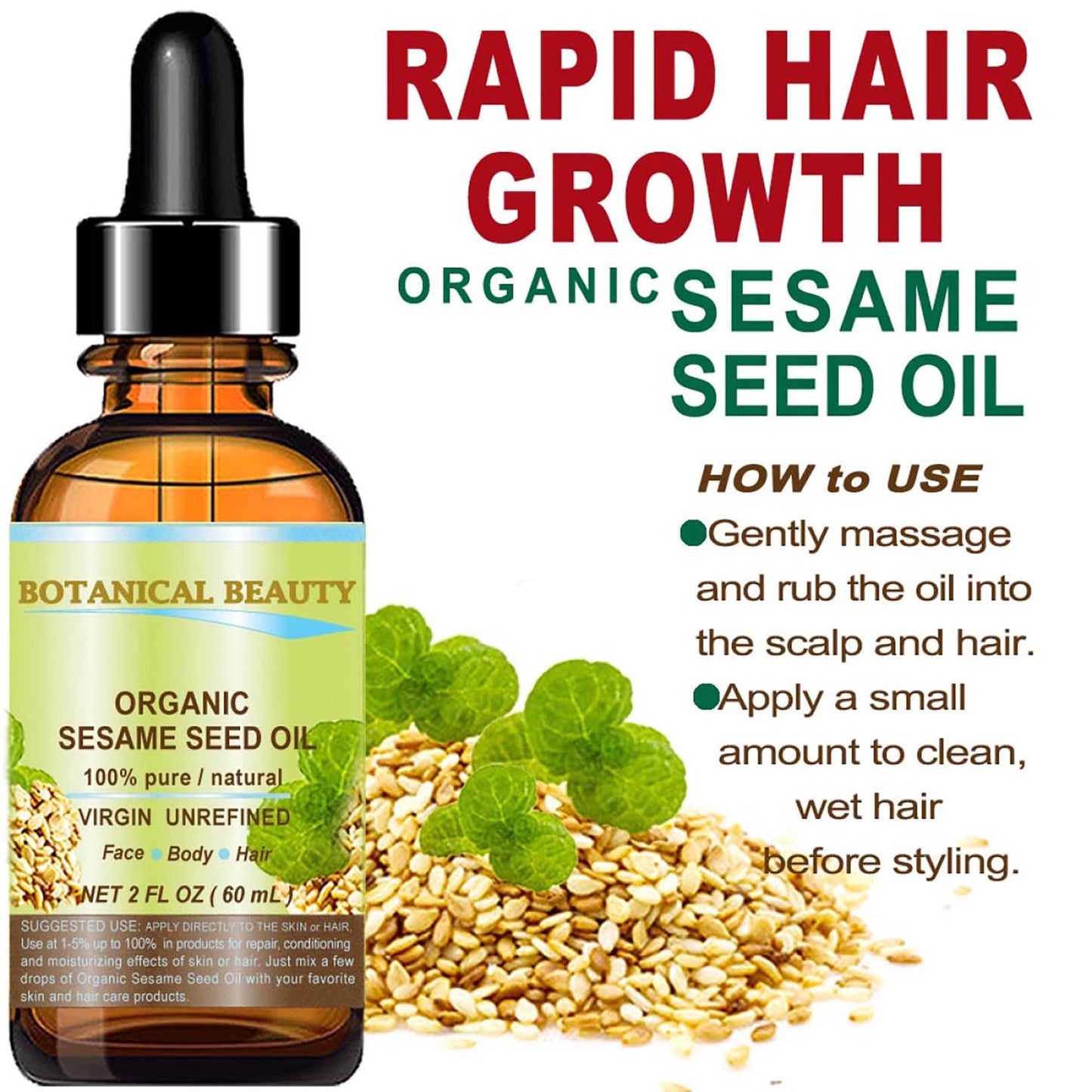 Organic SESAME SEED OIL 100% Pure Natural Virgin Unrefined Undiluted Cold Pressed Carrier Oil for Face, Skin, Body, Hair, Massage, Nails. 2 Fl. oz Beauty & Personal Care Botanical Beauty