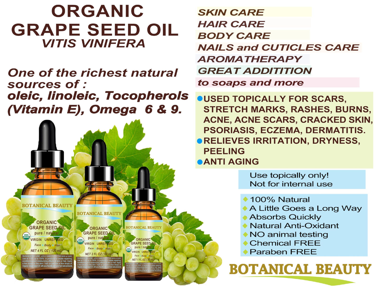 Botanical Beauty Organic GRAPE SEED OIL 100% Pure Natural VIRGIN UNREFINED Cold-Pressed Carrier Oil for Face, Skin, Body, Hair, Lip, Nails, Massage Beauty & Personal Care Botanical Beauty