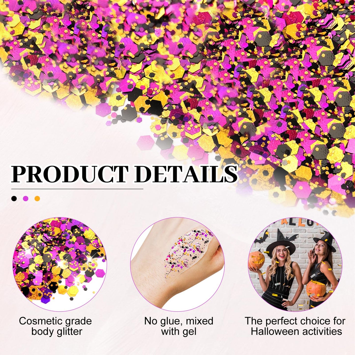Black Orange Purple Mixed Holographic Chunky Glitter, 13g (2 Jars x 6.5g) Crafts Glitter Powder with 10g Gel and Brush, Halloween Iridescent Nail Beauty & Personal Care Jremreo