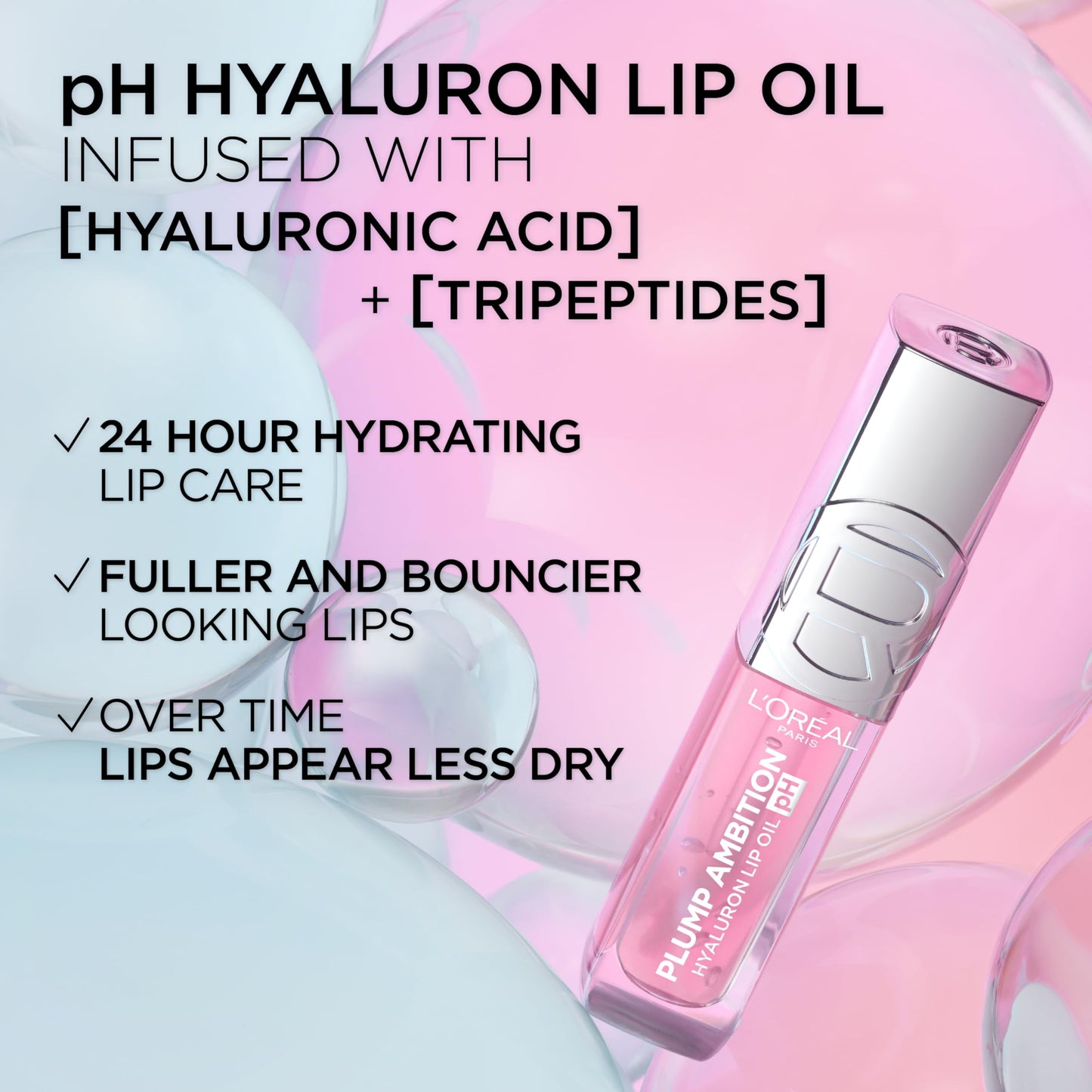 L'Oreal Paris Plump Ambition pH Hyaluron Lip Oil, Color Shifting Lip Tint with 24HR Hydration, Volumizing Shine and Lasting Color, 020 pH Rosé Beauty & Personal Care L'Oreal Paris
