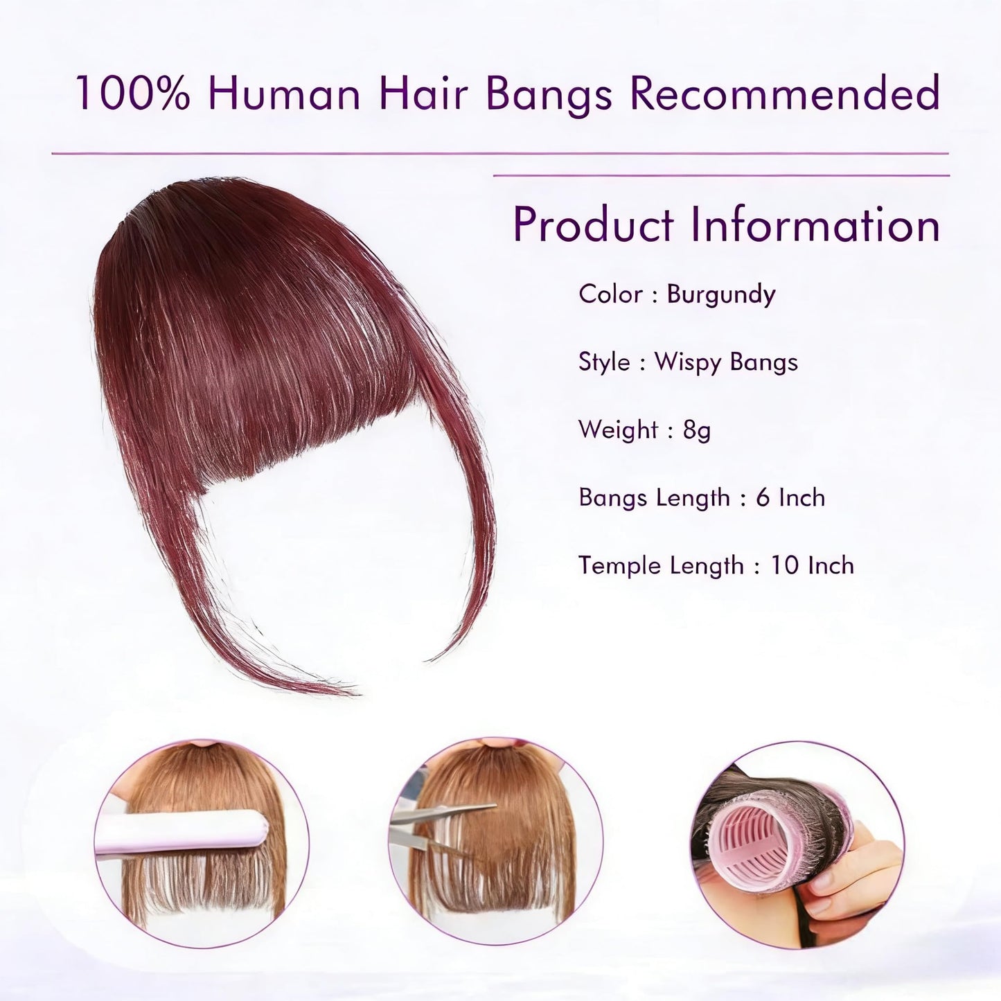 ELEFOCUS Clip in Bangs 100% Real Human Hair Extensions Wispy Burgundy Fake Bangs Hair Clip on bangs for women Fringe with Temples Hairpieces Faux Beauty and Personal Care ELEFOCUS