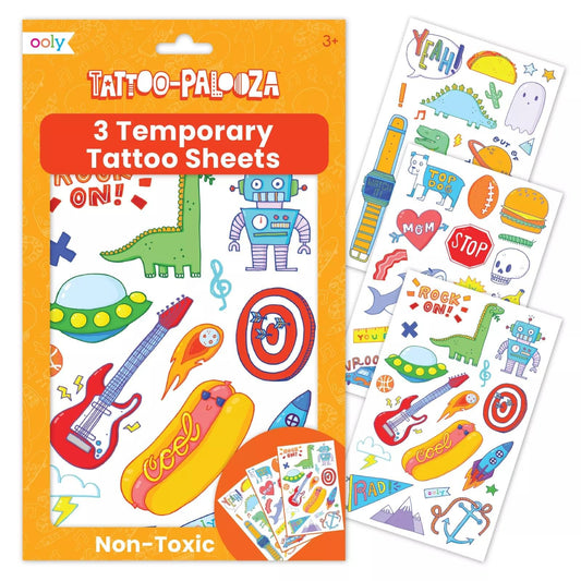 OOLY Temporary Tattoos for Kids, 50 Pc - Dinosaur, Guitar, Robot and More