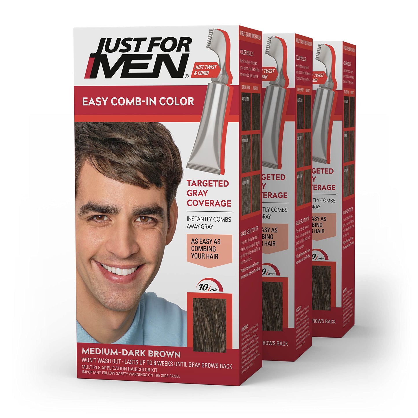 Just For Men Easy Comb-In Color Mens Hair Dye, Easy No Mix Application with Comb Applicator - Medium-Dark Brown, A-40, Pack of 3 Beauty & Personal Care Just for Men