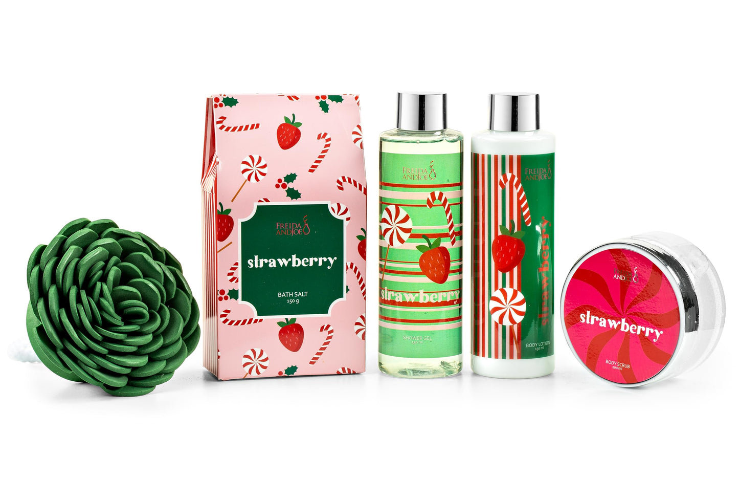 Elegant Modern Bath and Body Gift Set Home Spa Set with Shower Gel, Body Lotion, Bath Salt, Body Scrub & Pouf in Wooden Curio (Delicate Strawberry) Beauty and Personal Care Freida and Joe