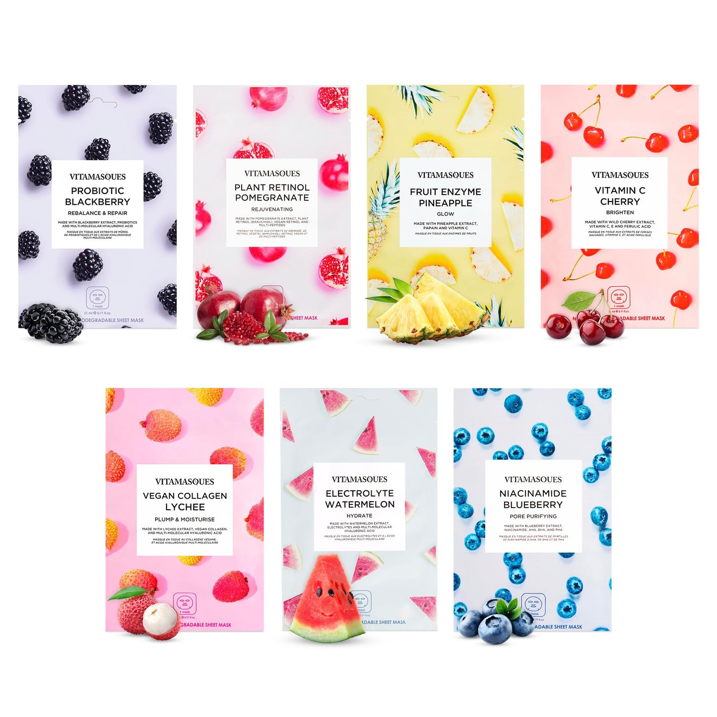 Vitamasques Face Masks Skincare Sheet Kit, 7-Pack - Juicy Collection of Triple-Layer Sheet Facial Masks - Korean Skin Care Pore Purifying Beauty & Personal Care Vitamasques