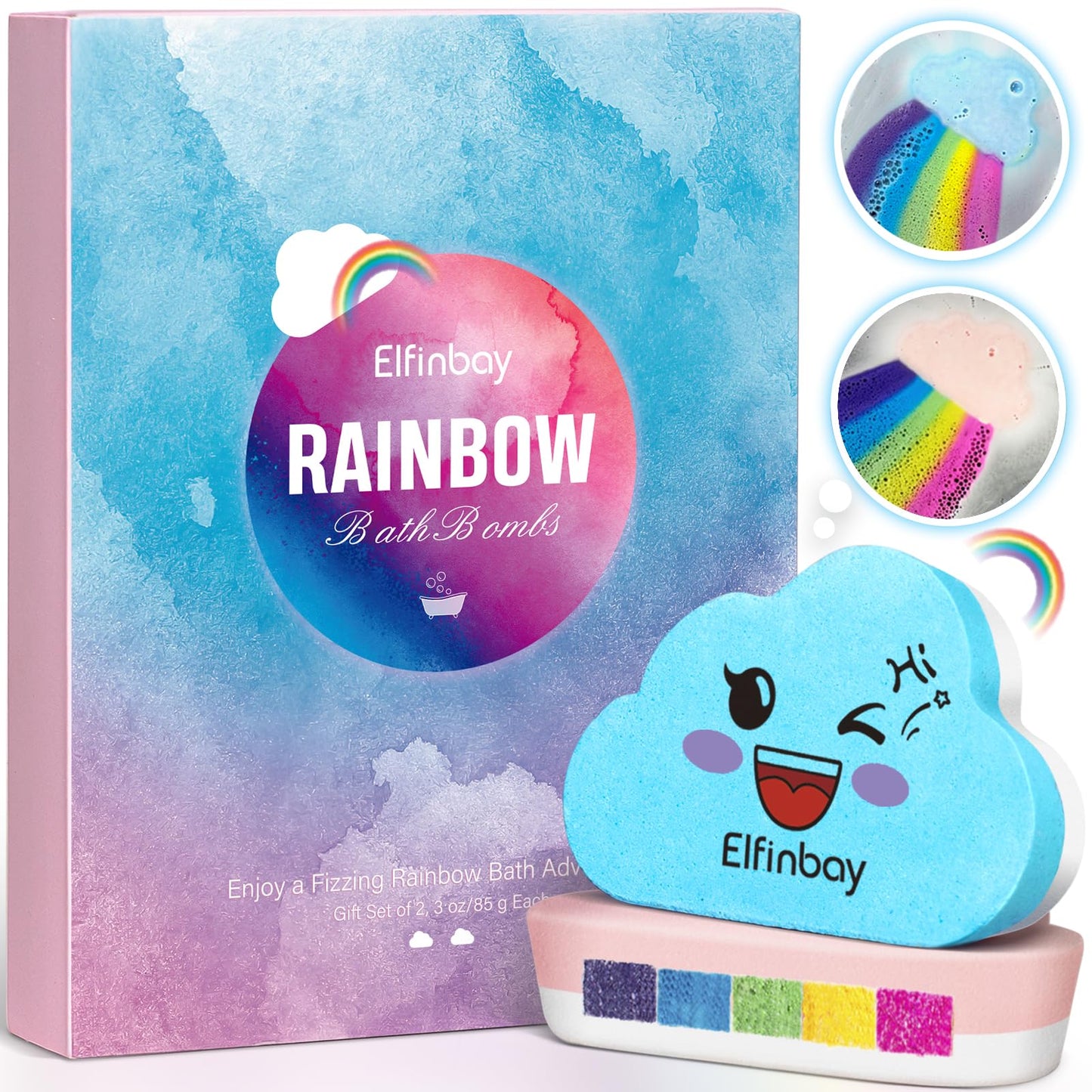 Elfinbay Rainbow Cloud Bath Bomb for Girls, 2 Extra Large Handmade Bath Bombs for Kids Bubble Bath Fizzies, Kids Safe Bath Bombs, Easter Basket Beauty and Personal Care Elfinbay