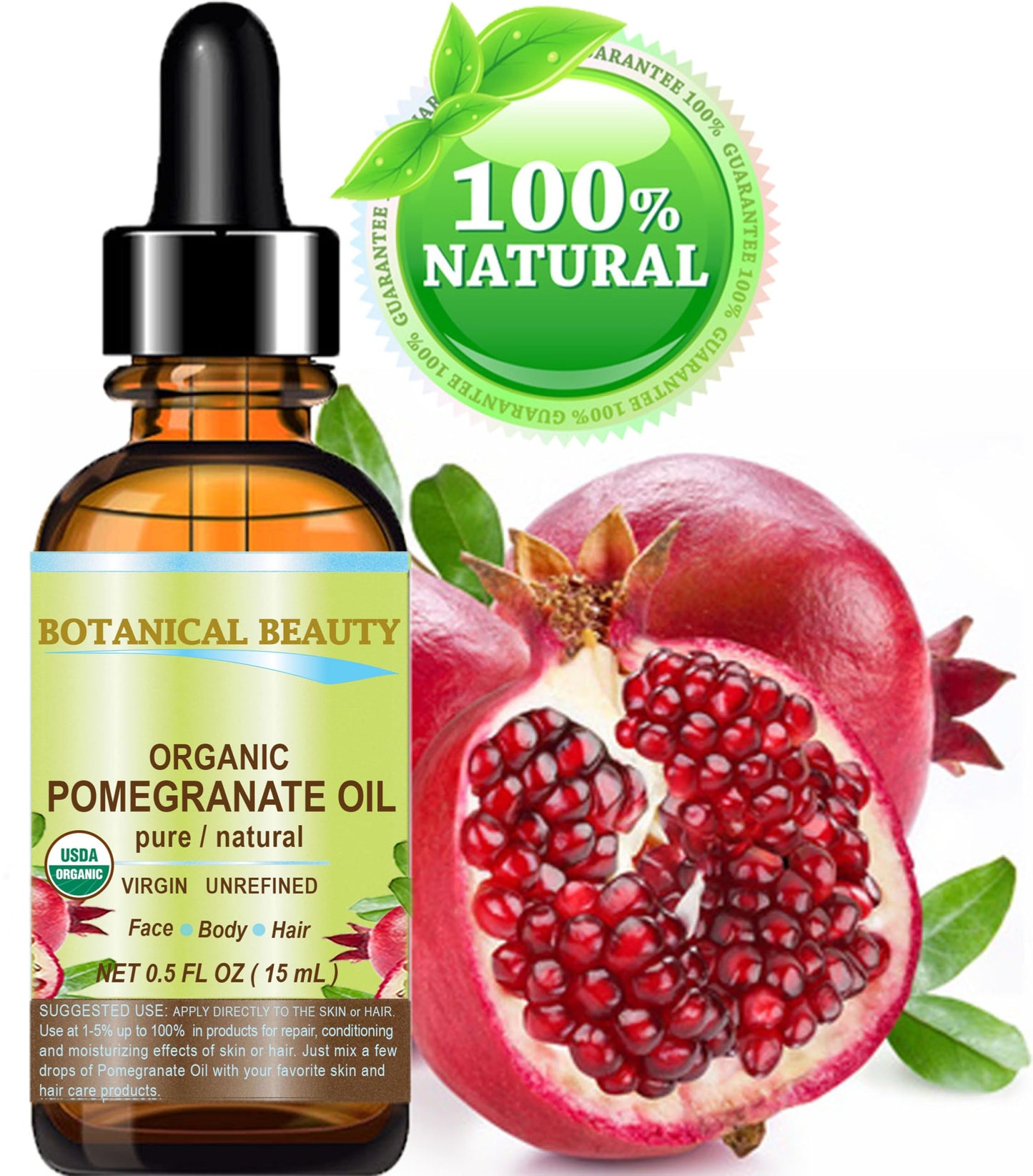 Botanical Beauty Organic POMEGRANATE OIL 100% Pure Natural Virgin Unrefined Cold-Pressed Carrier Oil 0.5 Fl oz 15 ml for Face, Skin, Body, Hair, Lip Beauty & Personal Care Botanical Beauty