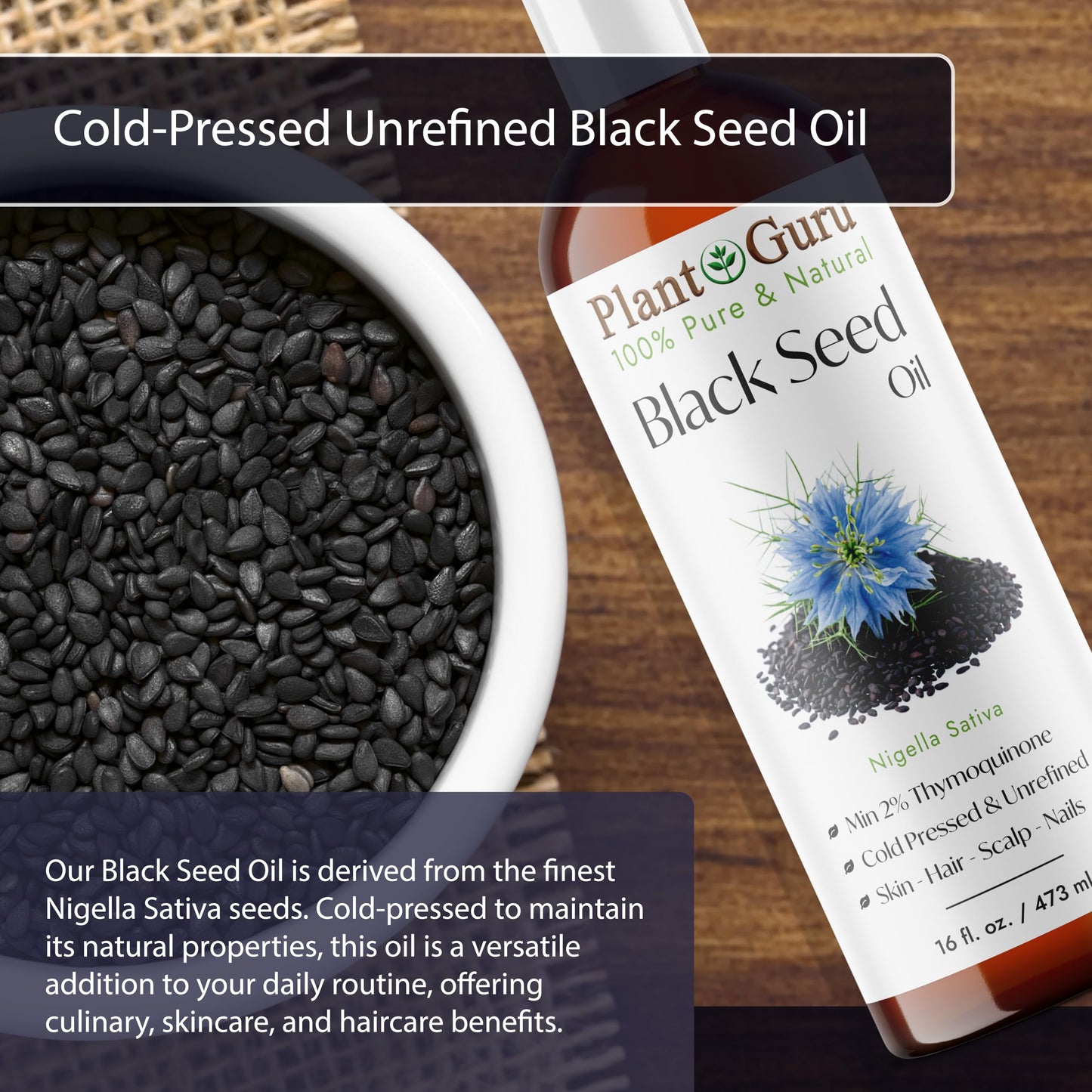 Plant Guru Black Cumin Seed Oil 4 fl. oz. Unrefined Cold Pressed 100% Pure Natural Nigella Sativa Kalonji Oil For Skin Care, Hair Growth, Scalp Beauty & Personal Care Plant Guru