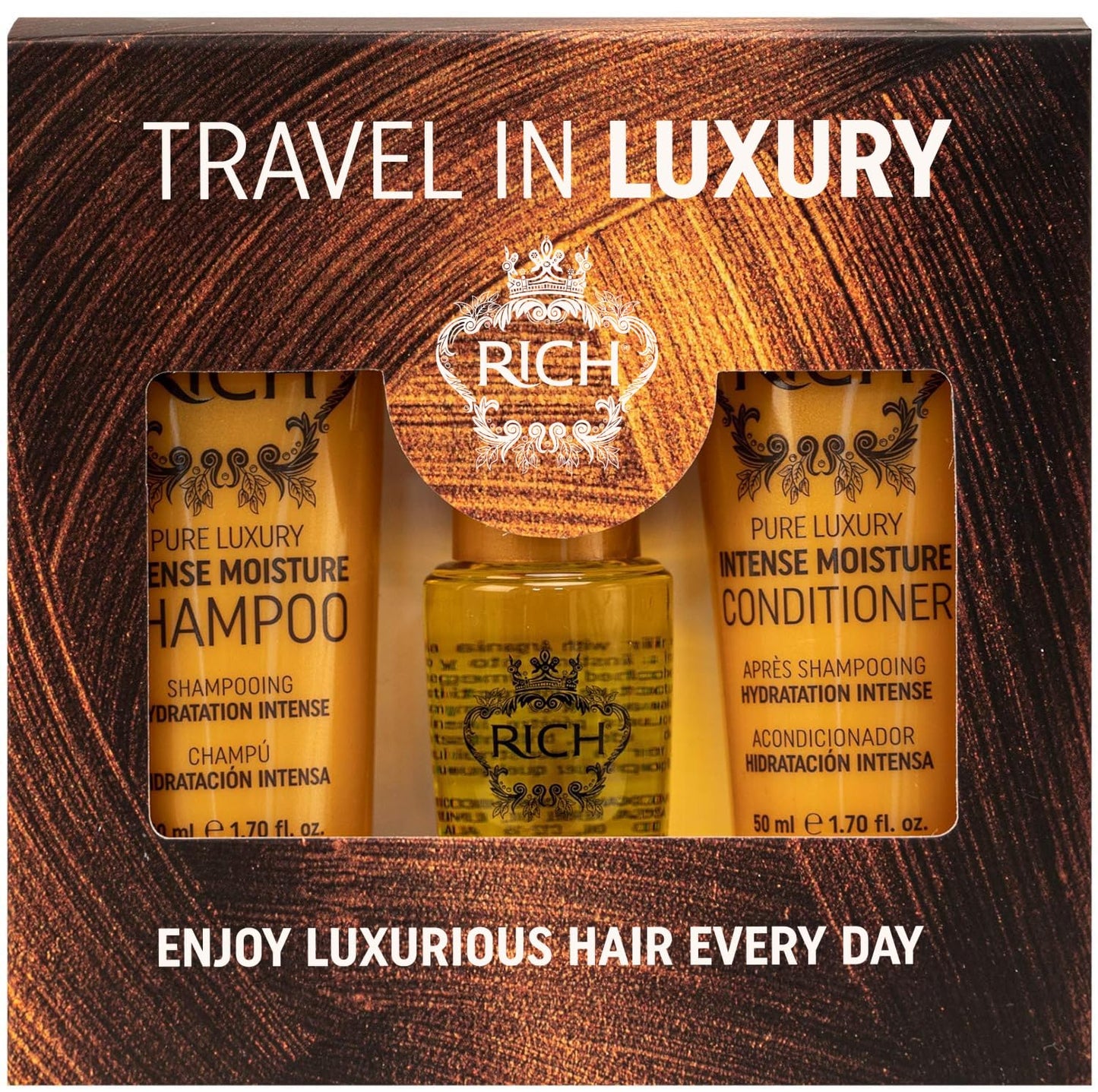 RICH Travel in Luxury Gift Set - Intense Moisture Shampoo 1.70 Fl Oz, Conditioner 1.70 Fl Oz, Argan Oil Elixir 1.0 Fl Oz for moisturzing hair Beauty & Personal Care RICH