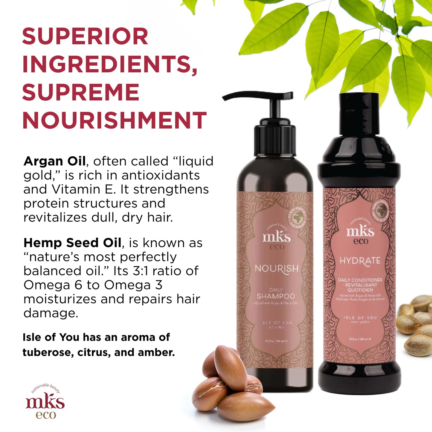 MKS eco Nourish Shampoo, Isle of You (10 fl oz) + MKS eco Hydrate Conditioner, Isle of You (10 fl oz) - Moroccan Argan Oil, Hemp Seed Oil - Vegan Beauty & Personal Care Earthly Body