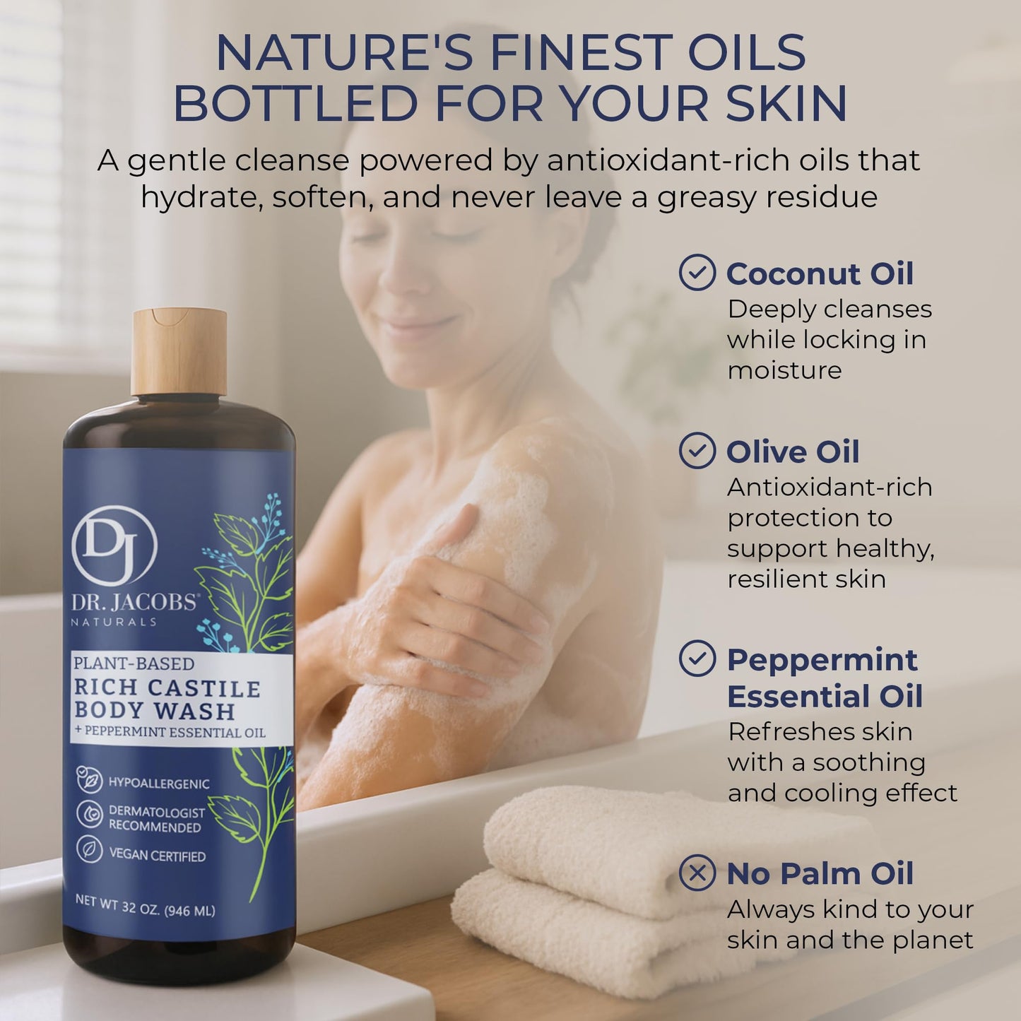 Dr. Jacobs Naturals Castile Peppermint All-Natural Body Wash for Moisturizing Dry and Sensitive Skin with Plant-Based Ingredients with Pump - 32 Ounce Beauty & Personal Care DR.JACOBS NATURALS