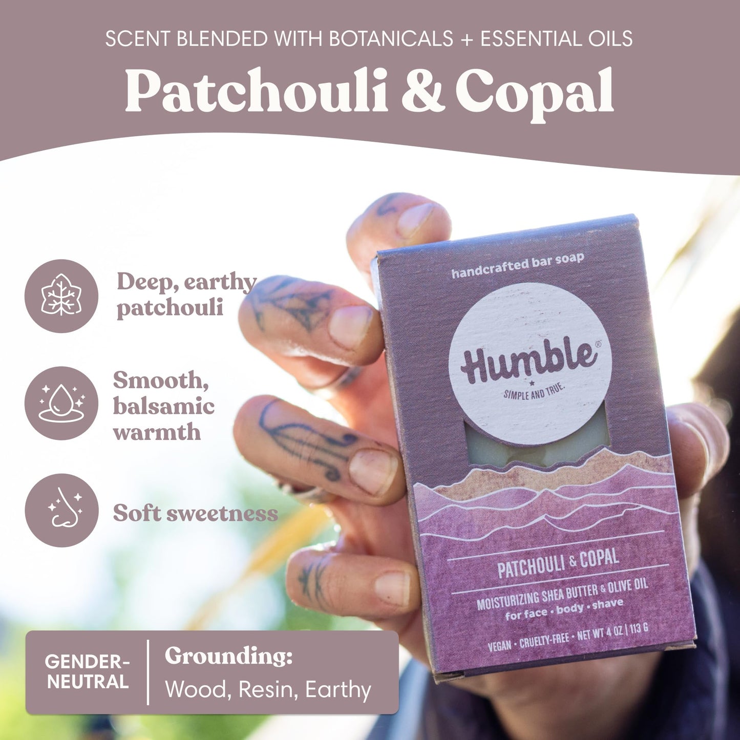 Humble Natural Bar Soap, Patchouli & Copal - Cold Processed Face & Body Soap Bar with Essential Oils - Moisturizing Formula for Long-Lasting Beauty & Personal Care HUMBLE SIMPLE AND TRUE.