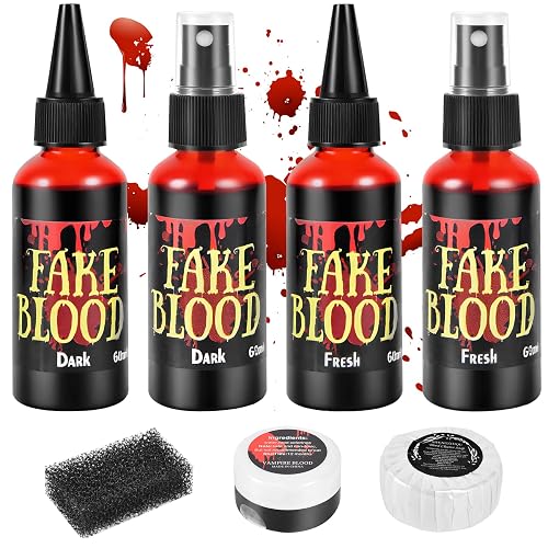 JAYUWE 7 PCS Halloween Fake Blood Spray Makeup Kit - Fake Blood 2.1oz X4 + Coagulated Blood Gel 1.41oz + Soap + Sponge, Washable Blood Paint Beauty & Personal Care jayuwe