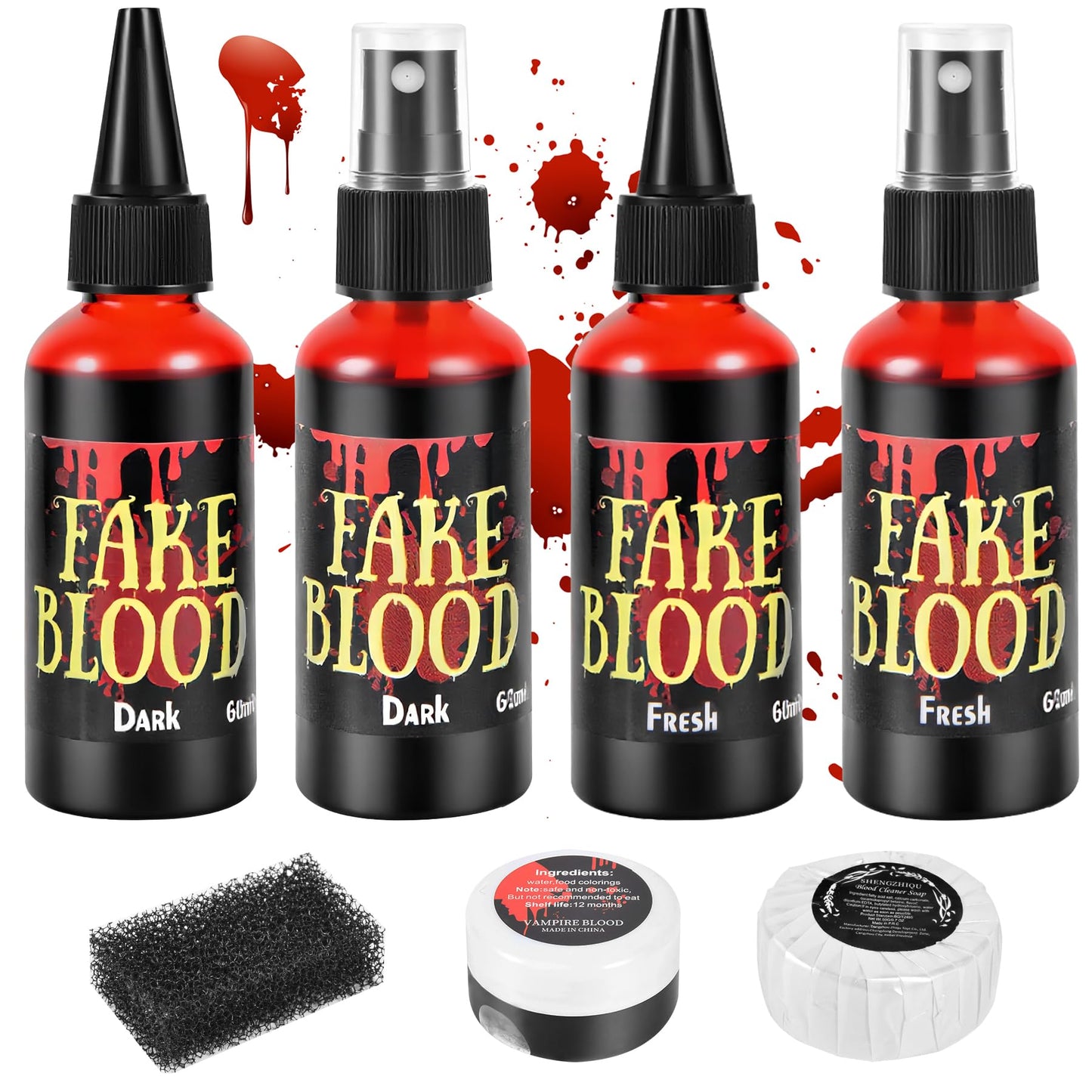 JAYUWE 7 PCS Halloween Fake Blood Spray Makeup Kit - Fake Blood 2.1oz X4 + Coagulated Blood Gel 1.41oz + Soap + Sponge, Washable Blood Paint Beauty & Personal Care jayuwe