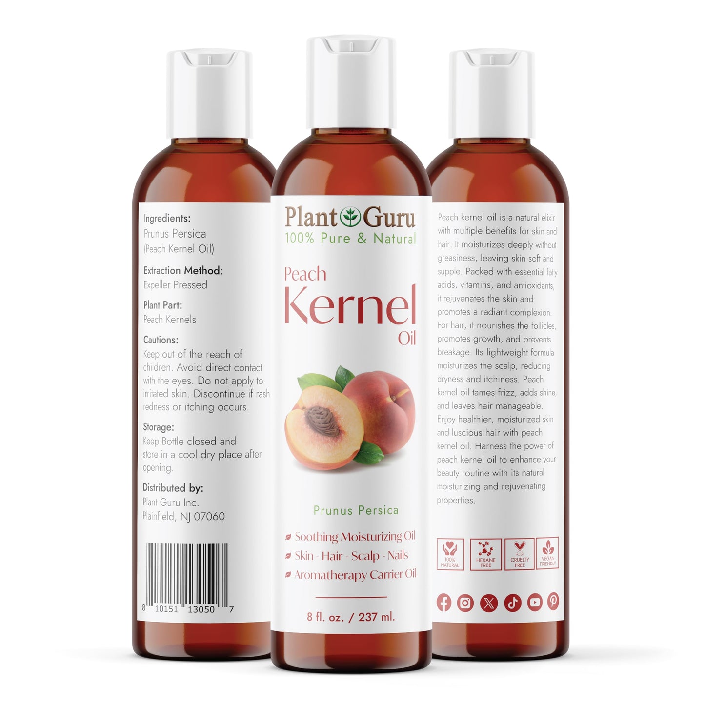 Plant Guru Peach Kernel Oil 8 fl. oz. Cold Pressed 100% Pure & Natural Carrier - Ideal for Skin, Face, Body, and Hair Moisturizer. Great for DIY Beauty & Personal Care Plant Guru