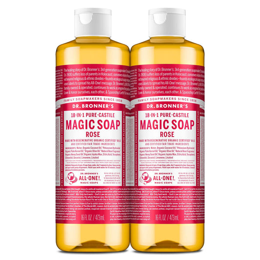 Dr. Bronner's Pure-Castile Magic Liquid Soap (Rose, 16 Ounce, 2-Pack)- Made with Regenerative Organic Certified Oils, 18-in1 Uses: Face, Hair, Hand Beauty & Personal Care Dr. Bronner's
