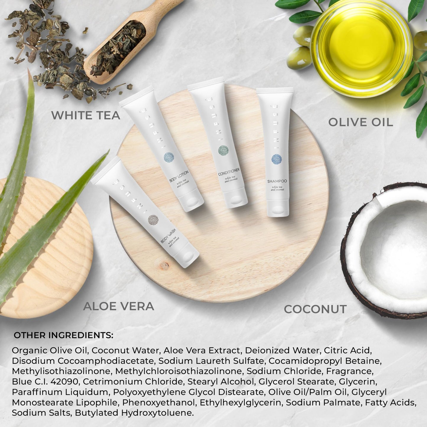 Infuse Pure White Tea and Coconut All-In-Kit Hotel Soaps and Toiletries Bulk Set | 1oz Shampoo & Conditioner, Body Wash, Lotion & 1.25oz Bar Soap | Beauty & Personal Care Terra Pure