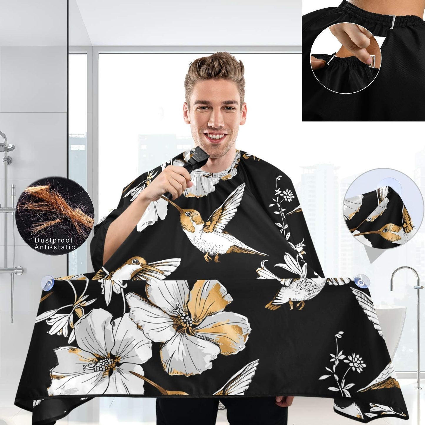 visesunny Barber Cape Exotic Tropical Hibiscus Flower And Hummingbird Gold Silver Pattern Polyester Hair Cutting Salon Cape Apron Anti-Static Haircut Beauty and Personal Care visesunny