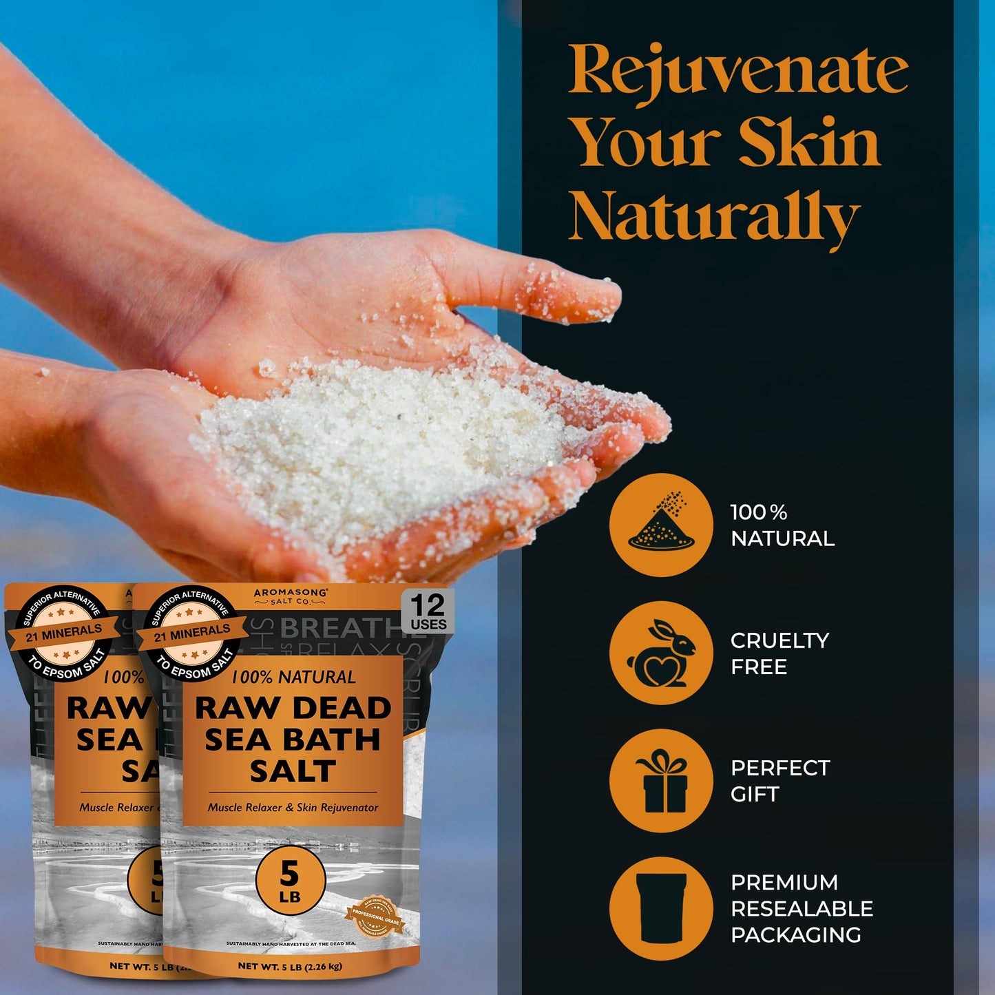 Aromasong Raw Dead Sea Salt for Soaking - Minimal Cleaned Bath Salt Soak - 10 Lbs (2 x 5 lb. Bags) Bulk Resealable Pack - Leaves Your Skin Softer Then Beauty and Personal Care Aromasong