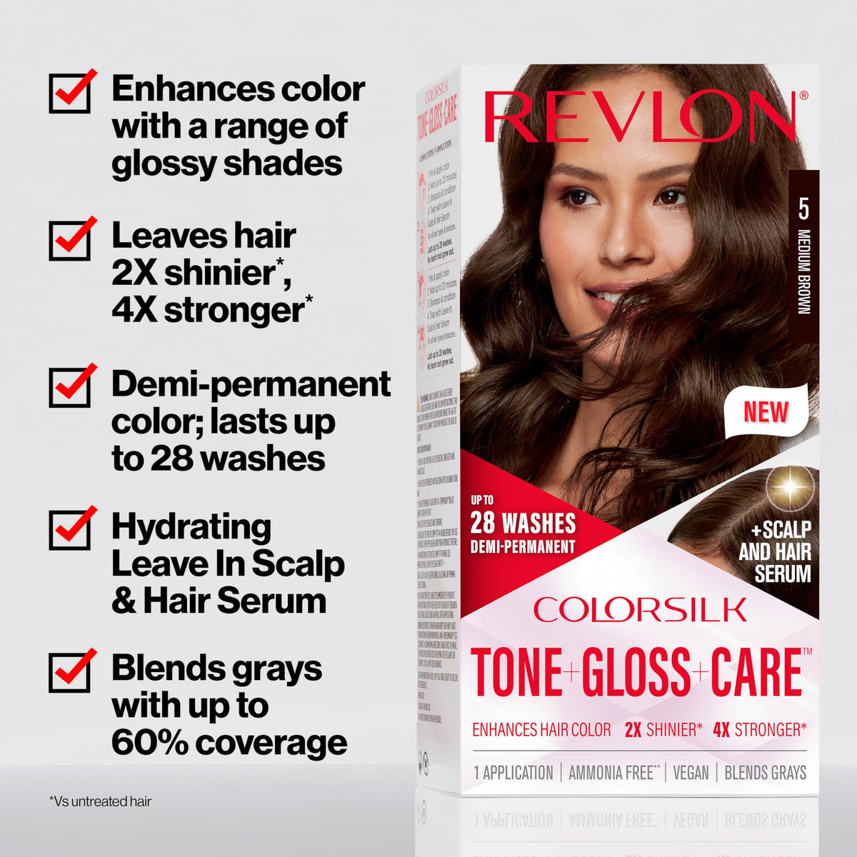 Revlon ColorSilk Tone + Gloss + Care Demi Permanent Hair Color, Dye Kit with Leave-In Scalp and Haircare Serum, 2x Shinier, 4x Stronger, 1 Black, 4.5 Beauty & Personal Care REVLON
