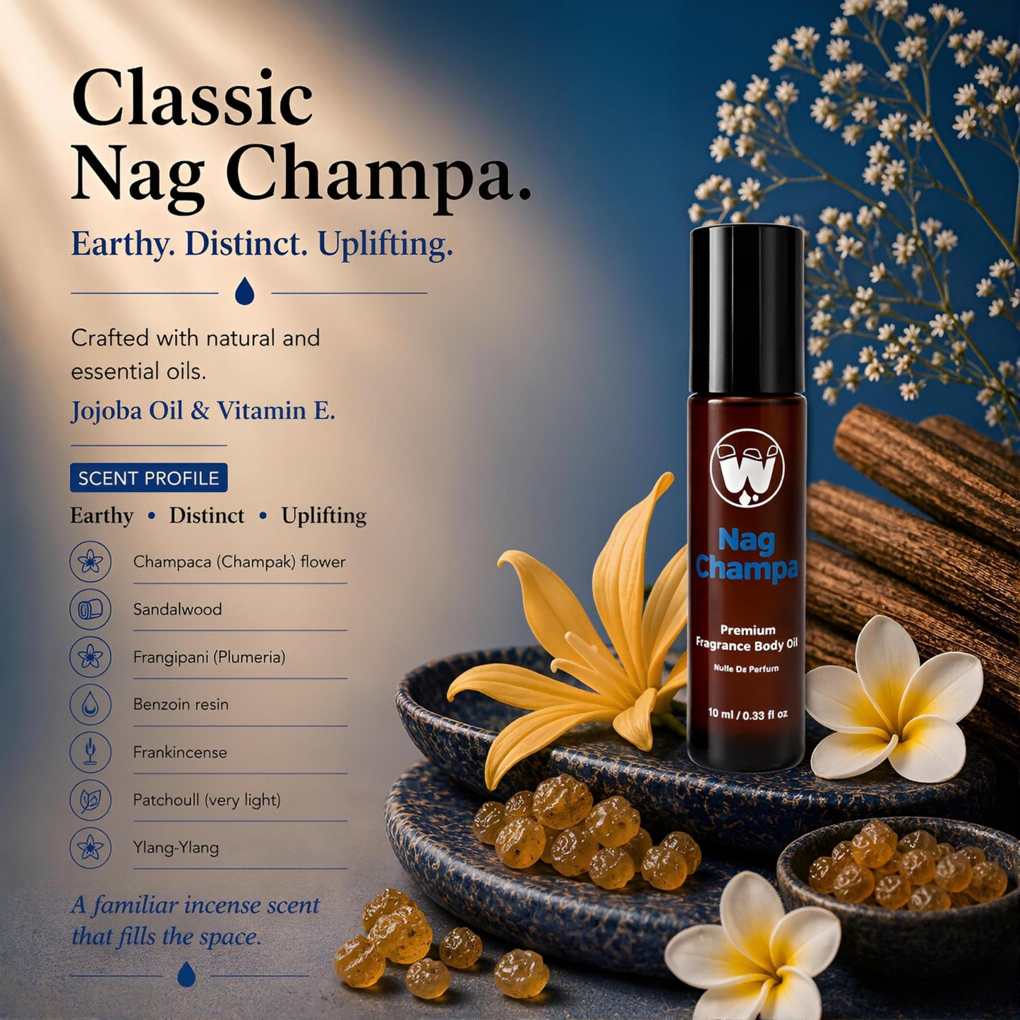 WagsMarket - Nag Champa Perfume Oil, from 0.33oz Roll On to 4oz Glass Bottle (0.33oz Roll On) Beauty & Personal Care WagsMarket