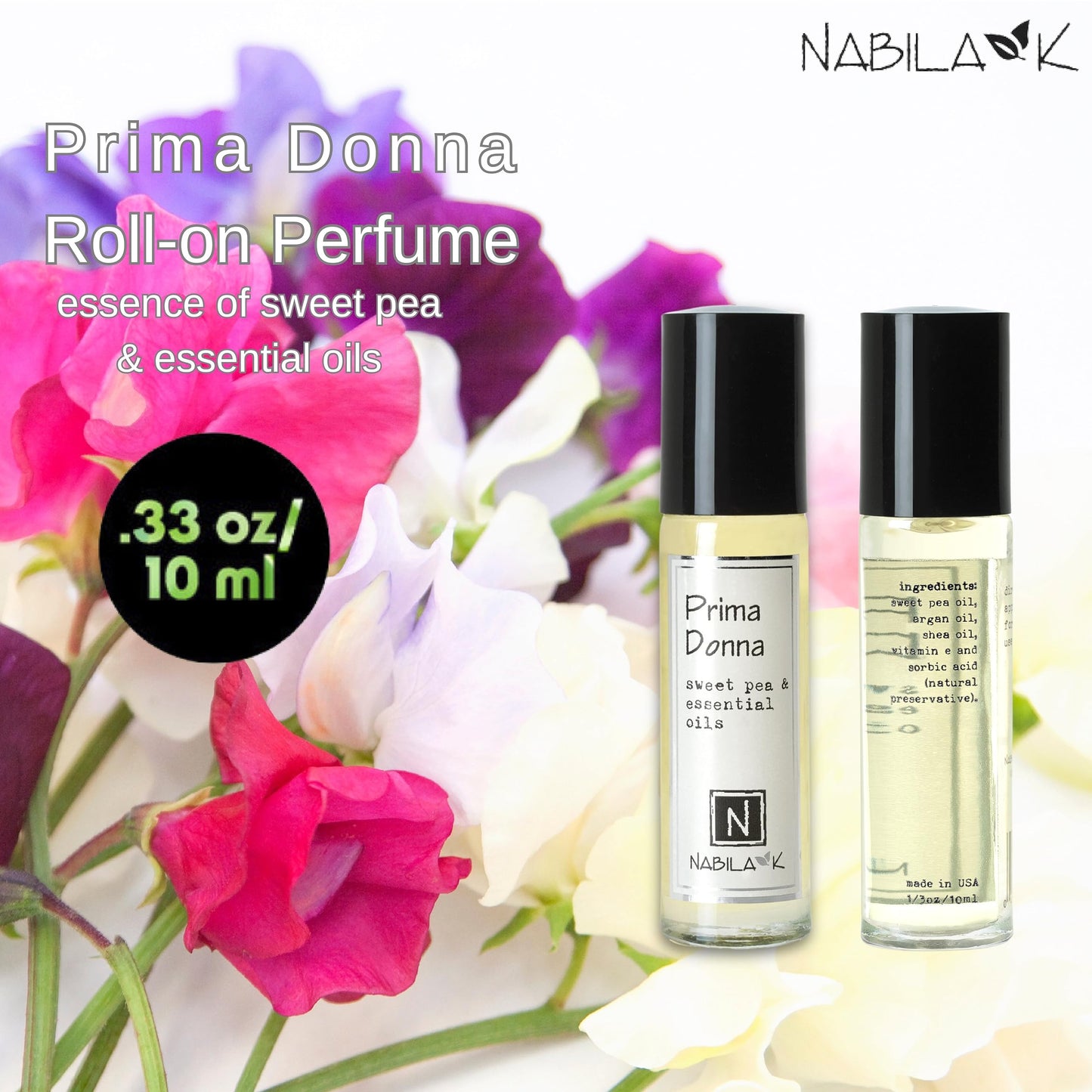 Nabila K Prima Donna Sweet Pea Roll-On Perfume Oil for Women | Alcohol-Free, Organic, Long-Lasting Fragrance | Travel Size, TSA Approved | 0.33 oz Beauty & Personal Care Nabila K