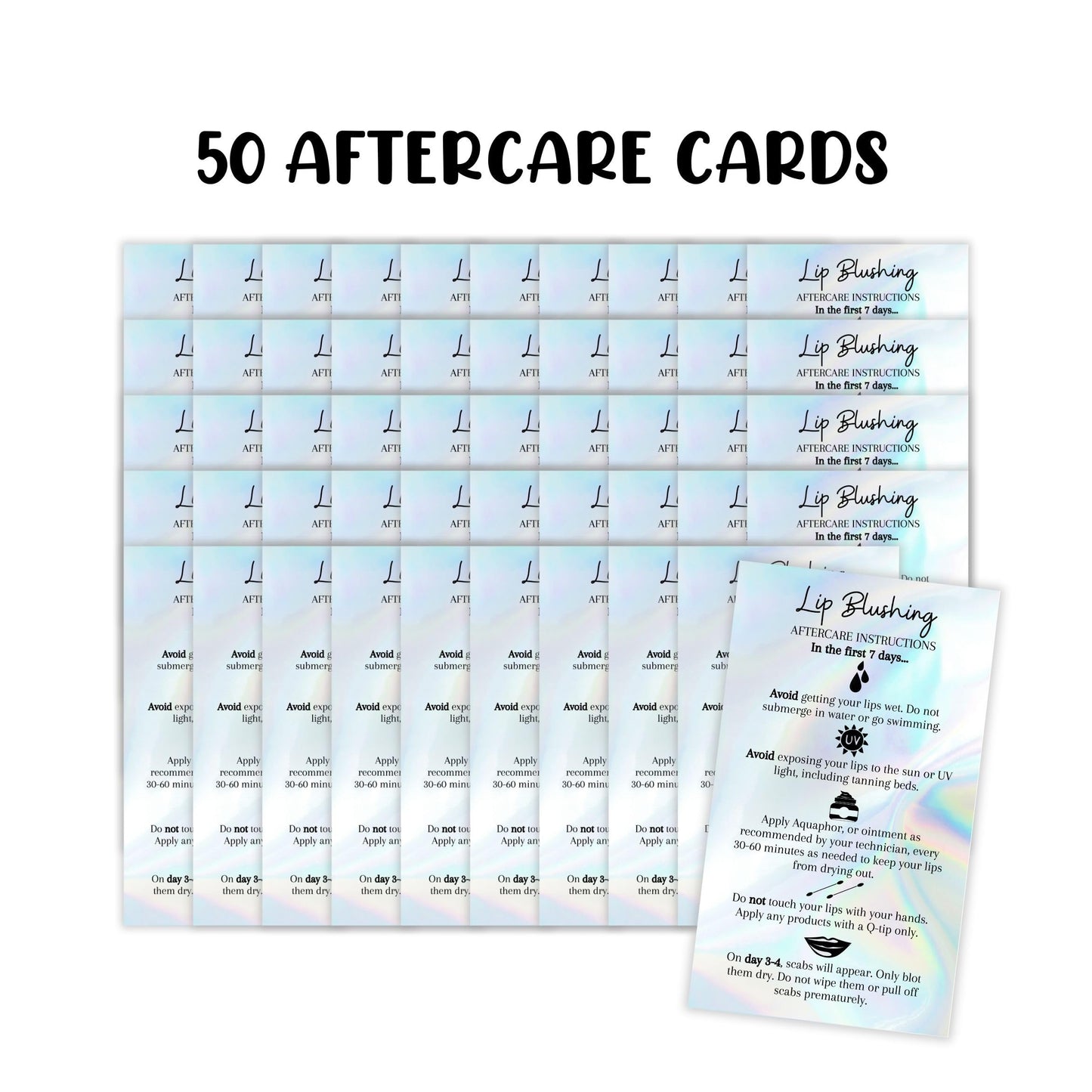 Lip Blush Aftercare Instructions Card | 50 Pack | 2x3.5" inches Business Card Size | Lip Glow Lip Blush PMU Lip Tint Lip Tattoo | Holographic Design Beauty & Personal Care Boutique Marketing LLC