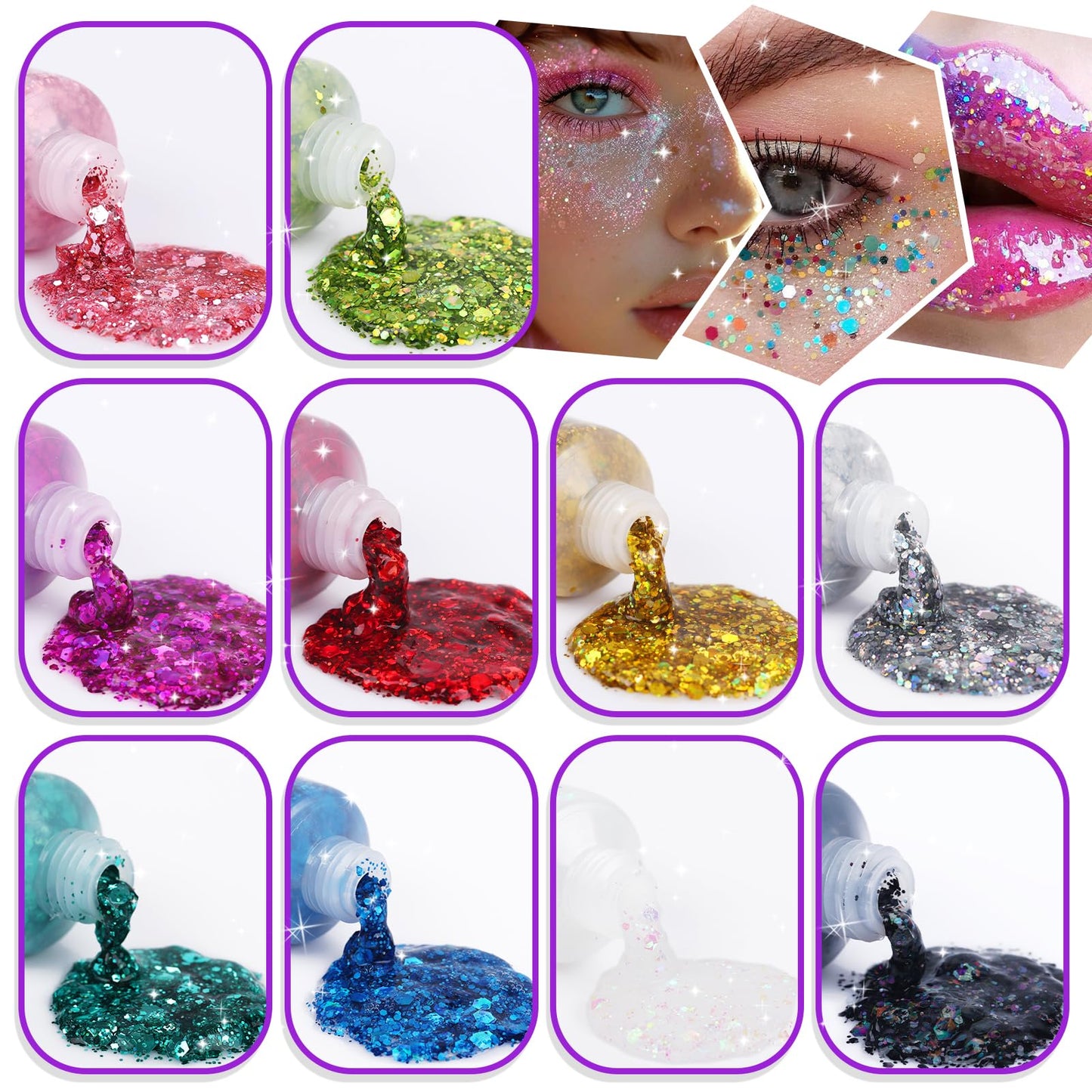 10 Colors Body Glitter,Face Glitter Makeup for Kids Women,Sparkly Chunky Hair Glitter for Eye Lip Hair Nails,Mardi Gras Glitter Makeup Face Beauty & Personal Care Dmsky