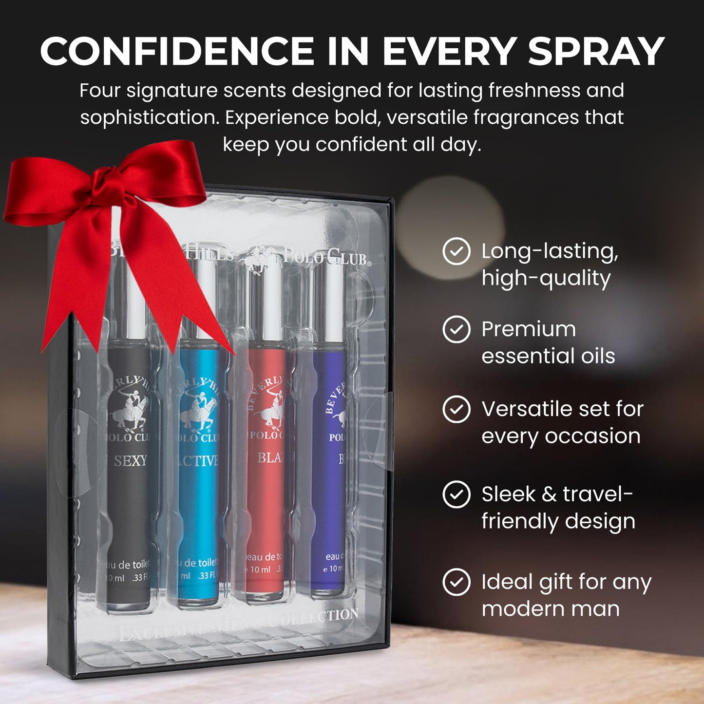 Beverly Hills Polo Club EDT Pen Spray Collection - Set of 4 Men's Fragrance Gift Set - Active, Sexy, Blaze and Blue Scent - Long-Lasting Beauty & Personal Care Beverly Hills Polo Club