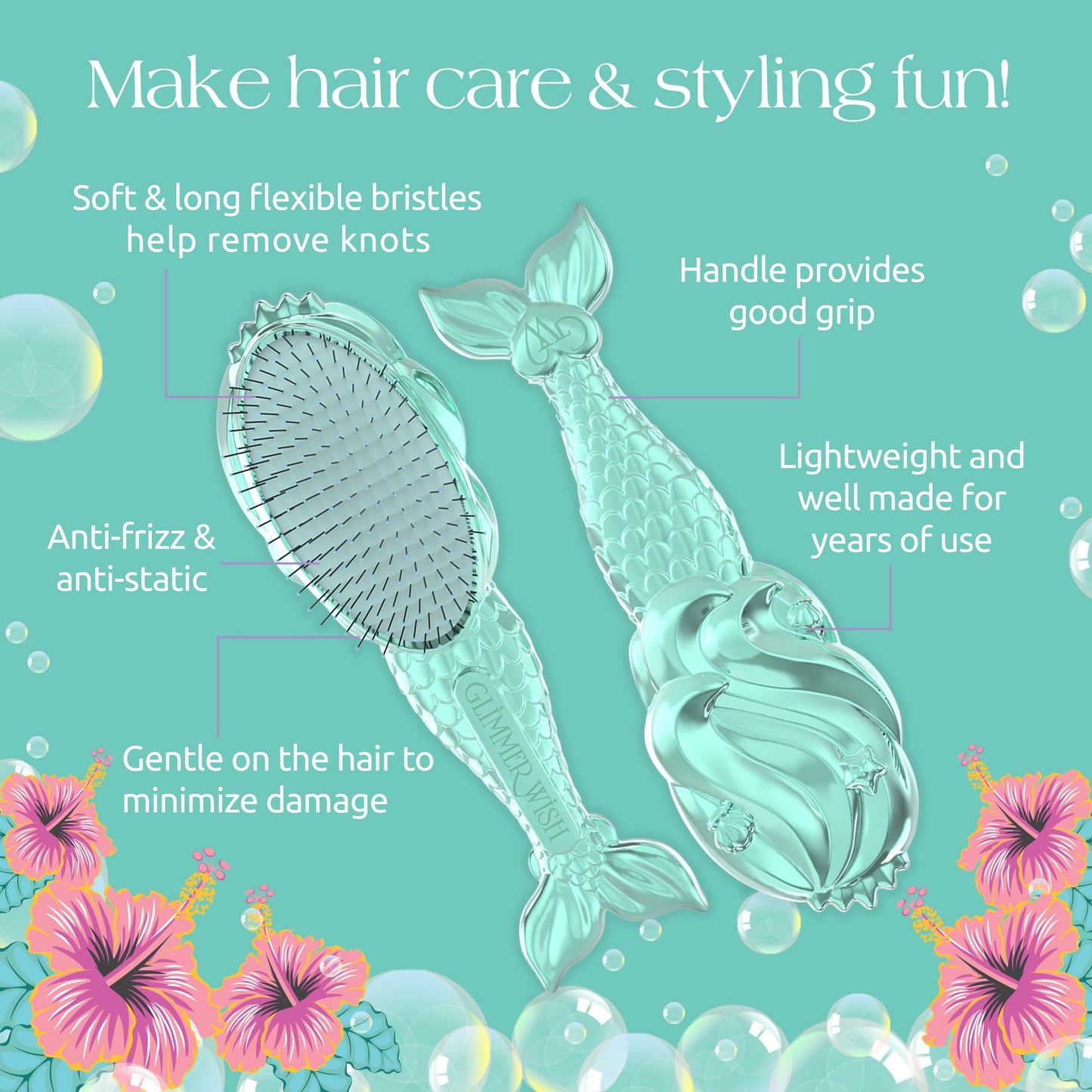 Glimmer Wish Mermaid Detangling Hair Brush for Kids - Anti Frizz and Anti Static - Soft and Long Bristles to Detangle With Ease - Gentle on Hair Kids Beauty & Personal Care Glimmer Wish