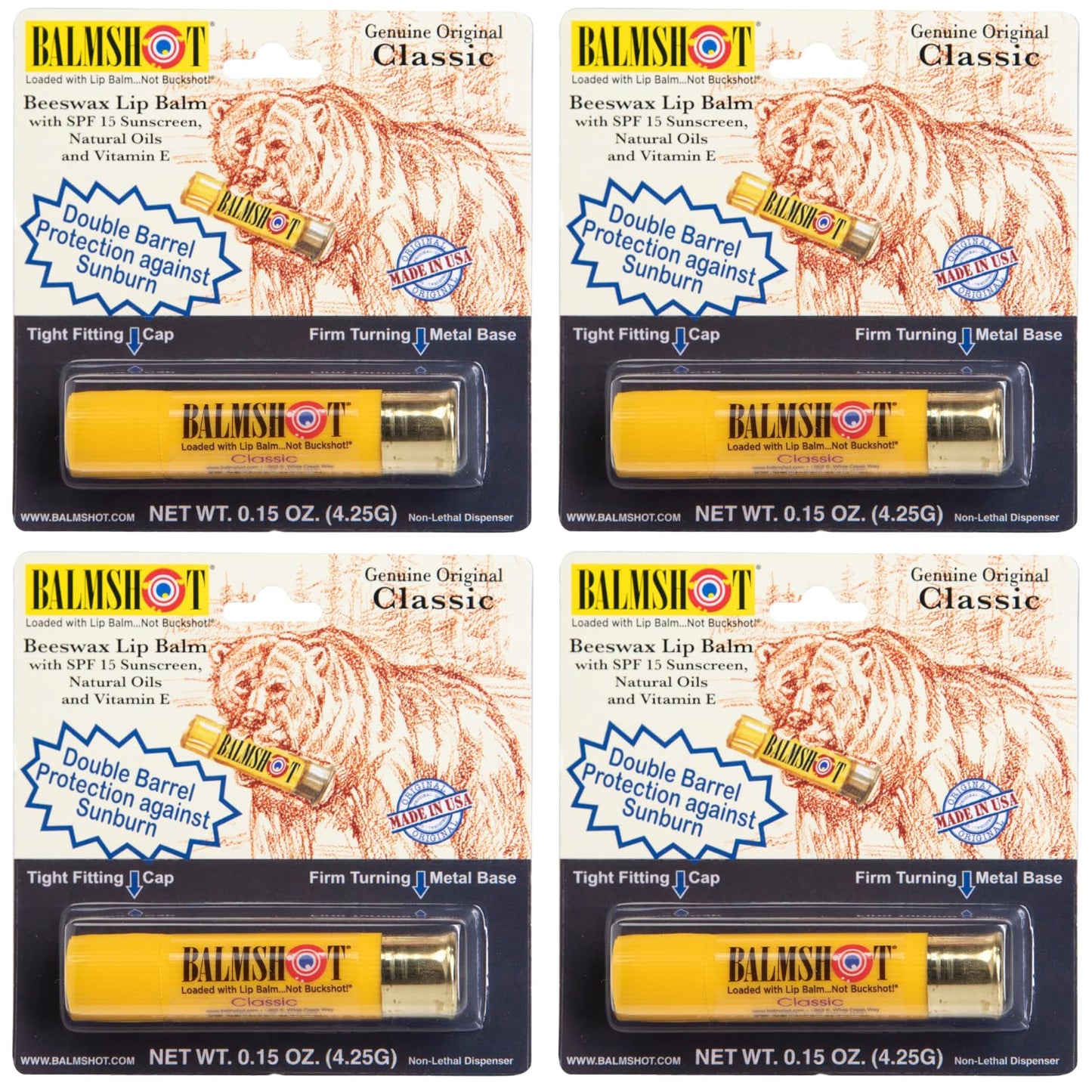 BALMSHOT Classic Natural Lip Balm SPF 15 (4-Pack) - Beeswax Chapstick with Natural Oils & Vitamin E, 20-Gauge Shotgun Shell Brass Tube, Long Lasting Beauty and Personal Care Balmshot