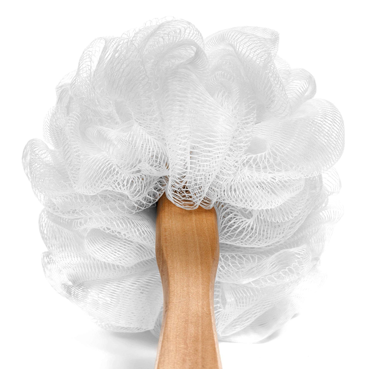 Shower Loofah on a Stick Body & Back Scrubber - Long Handled Mesh Bath Sponge Pouf Luffa Brush on a Stick with a Wood Handle for Men & Women - Easy Beauty & Personal Care GranNaturals