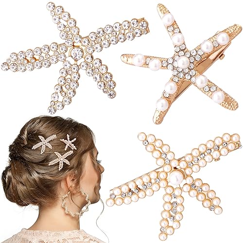 PAGOW 3 PCS Starfish Hair Clips, Gold Rhinestone Pearls Crystal Hair Clips, Sea Star Ponytail Holder, Faux Pearl Crystal Wedding Headpiece Hair Beauty & Personal Care PAGOW
