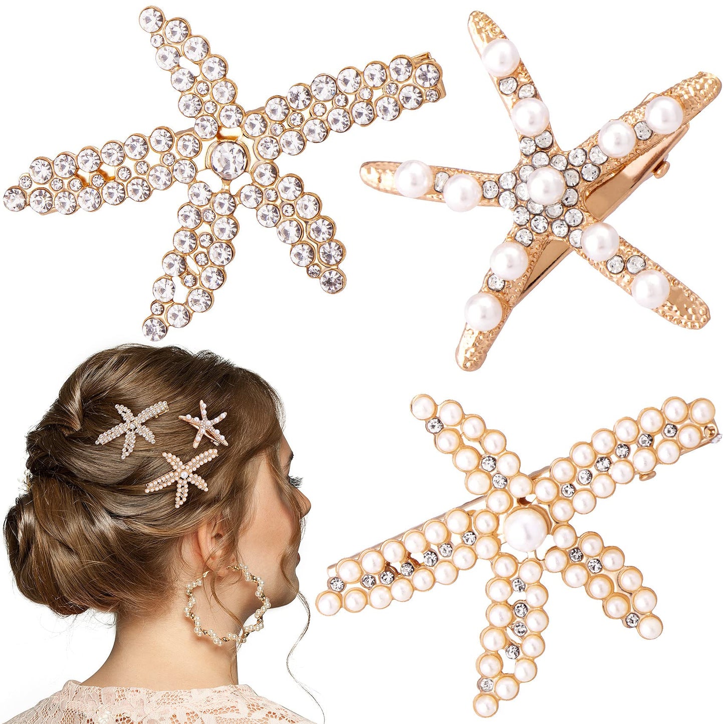 PAGOW 3 PCS Starfish Hair Clips, Gold Rhinestone Pearls Crystal Hair Clips, Sea Star Ponytail Holder, Faux Pearl Crystal Wedding Headpiece Hair Beauty & Personal Care PAGOW