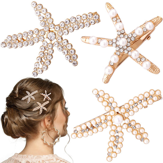 PAGOW 3 PCS Starfish Hair Clips, Gold Rhinestone Pearls Crystal Hair Clips, Sea Star Ponytail Holder, Faux Pearl Crystal Wedding Headpiece Hair Beauty & Personal Care PAGOW