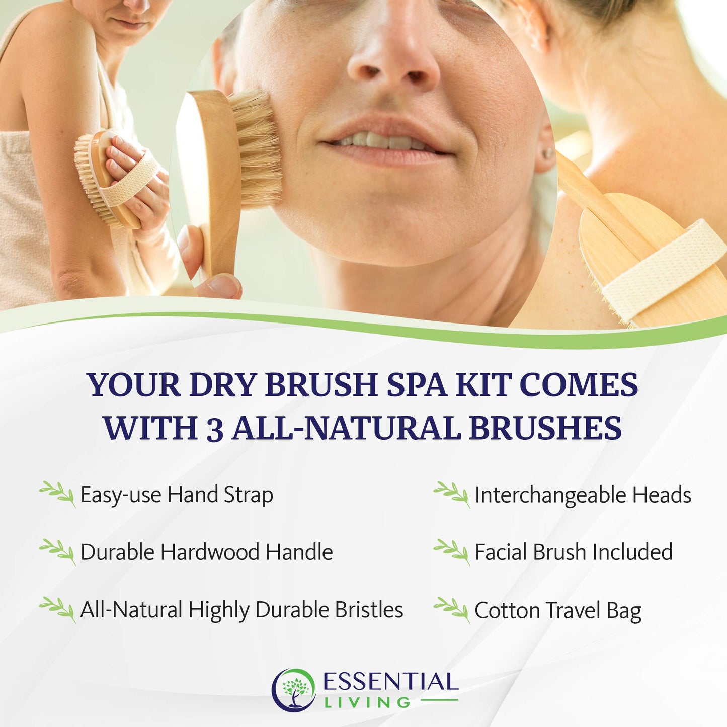 Essential Living: 3-Piece Dry Brushing Spa Kit - 1 Face Brush, 2 Body Scrub Brushes and a Cotton Bag - Body and Skin Care for Exfoliation, Blood Beauty & Personal Care Essential Living