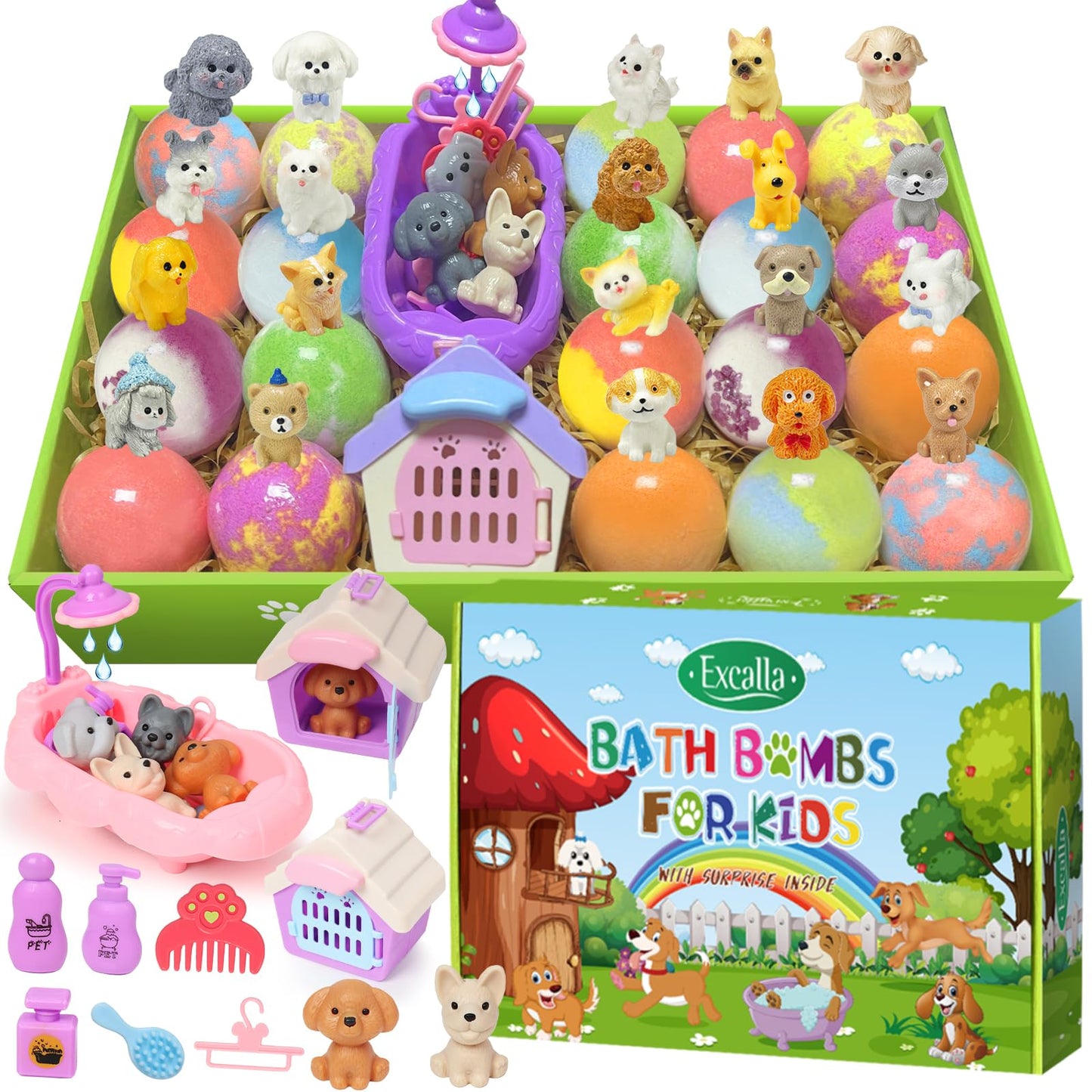 Bath Bombs for Kids with Surprise Toys Inside, 20 Pack Kids Bath Bombs with Puppy Dolls & Dog Pretend Playset Bath Toys, Child-Safe Bubble Bath Beauty and Personal Care Excalla