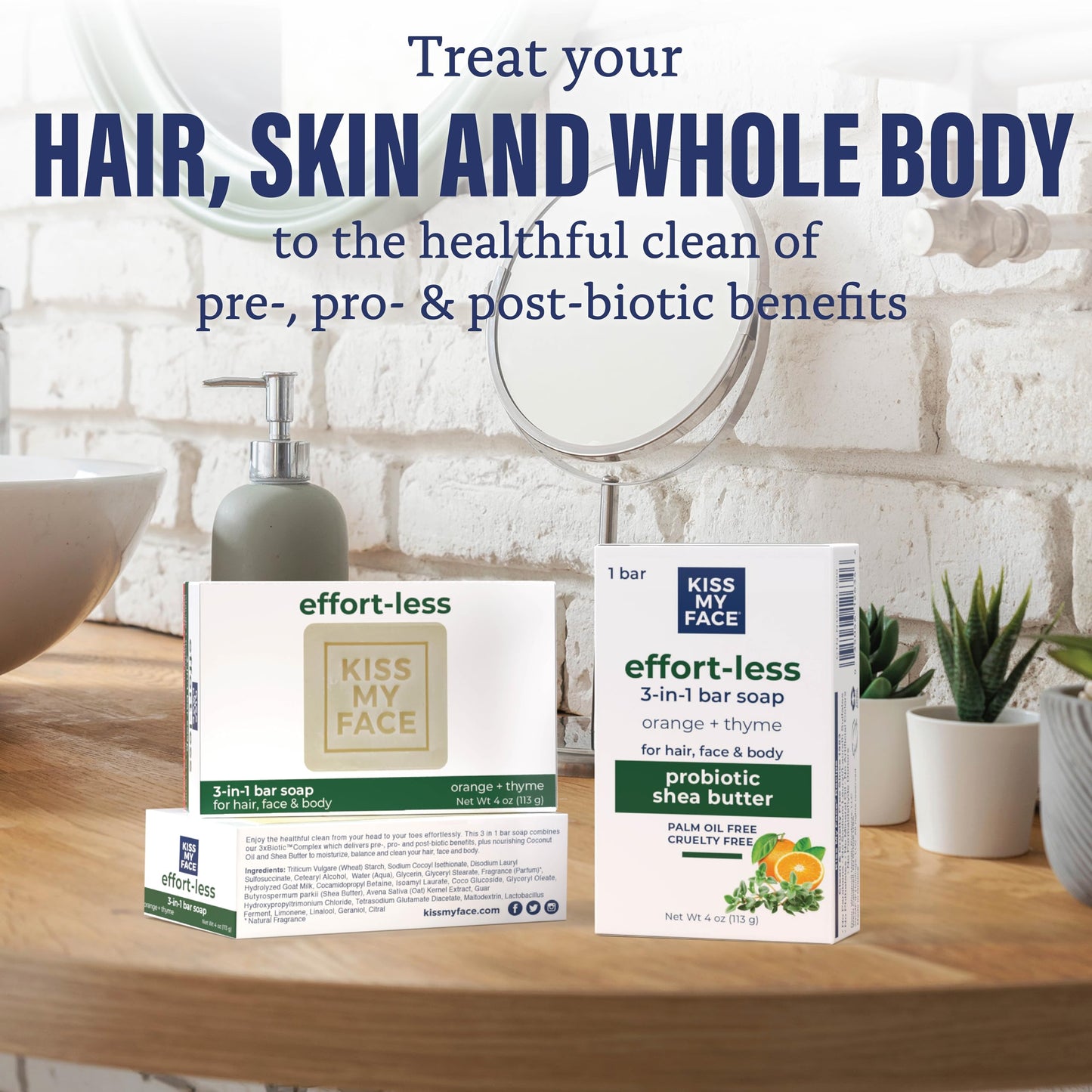 Kiss My Face Effort-Less 3-in-1 Bar Soap - Orange + Thyme - Probiotic Bar Soap for Face, Hair, and Body with Shea Butter - Palm Oil-Free Beauty & Personal Care Kiss My Face