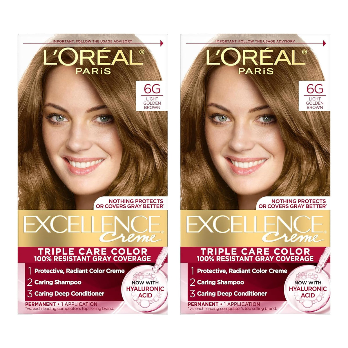 L'Oreal Paris Excellence Creme Triple Protection Hair Color -Light Golden Brown [6G] Pack of 2