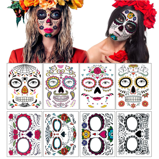 Day of the Dead Face Tattoos - 8 Large Sheets Sugar Skull Rose Temporary Tattoos, Día de los Muertos Face Tattoo for Women Men Adults Kids, 7.4 x 6.3