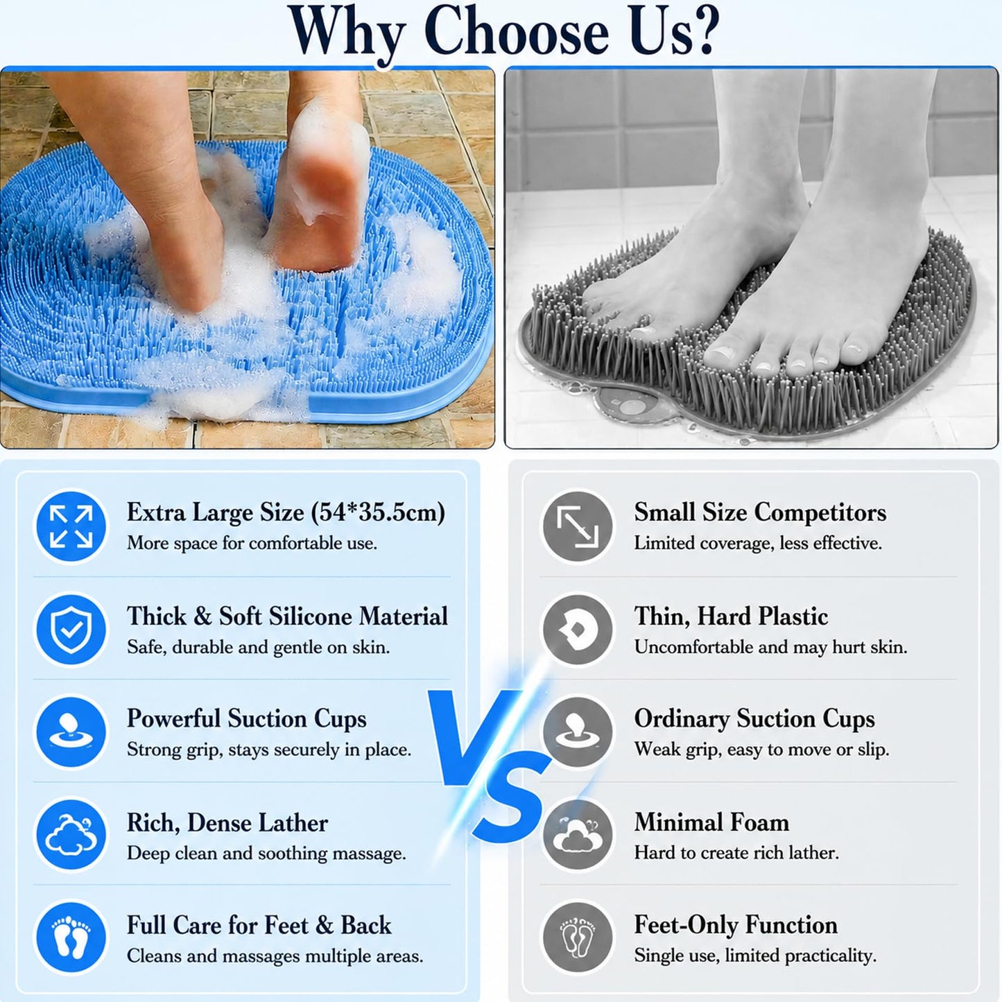 21.3" Silicone Foot & Back Scrubber Mat, Non-Slip Suction Cups Blue Beauty and Personal Care BARRYSAIL
