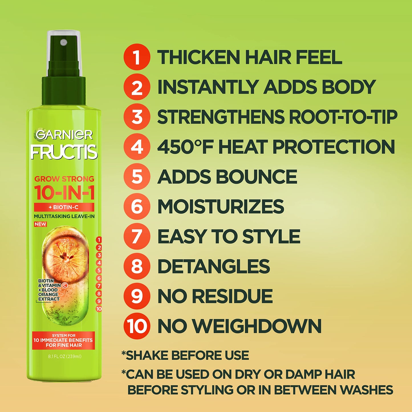 Garnier Fructis Grow Strong Thickening 10-in-1 Spray, Biotin-C, 8.1 Fl Oz, 1 Count (Packaging May Vary) Beauty & Personal Care Garnier