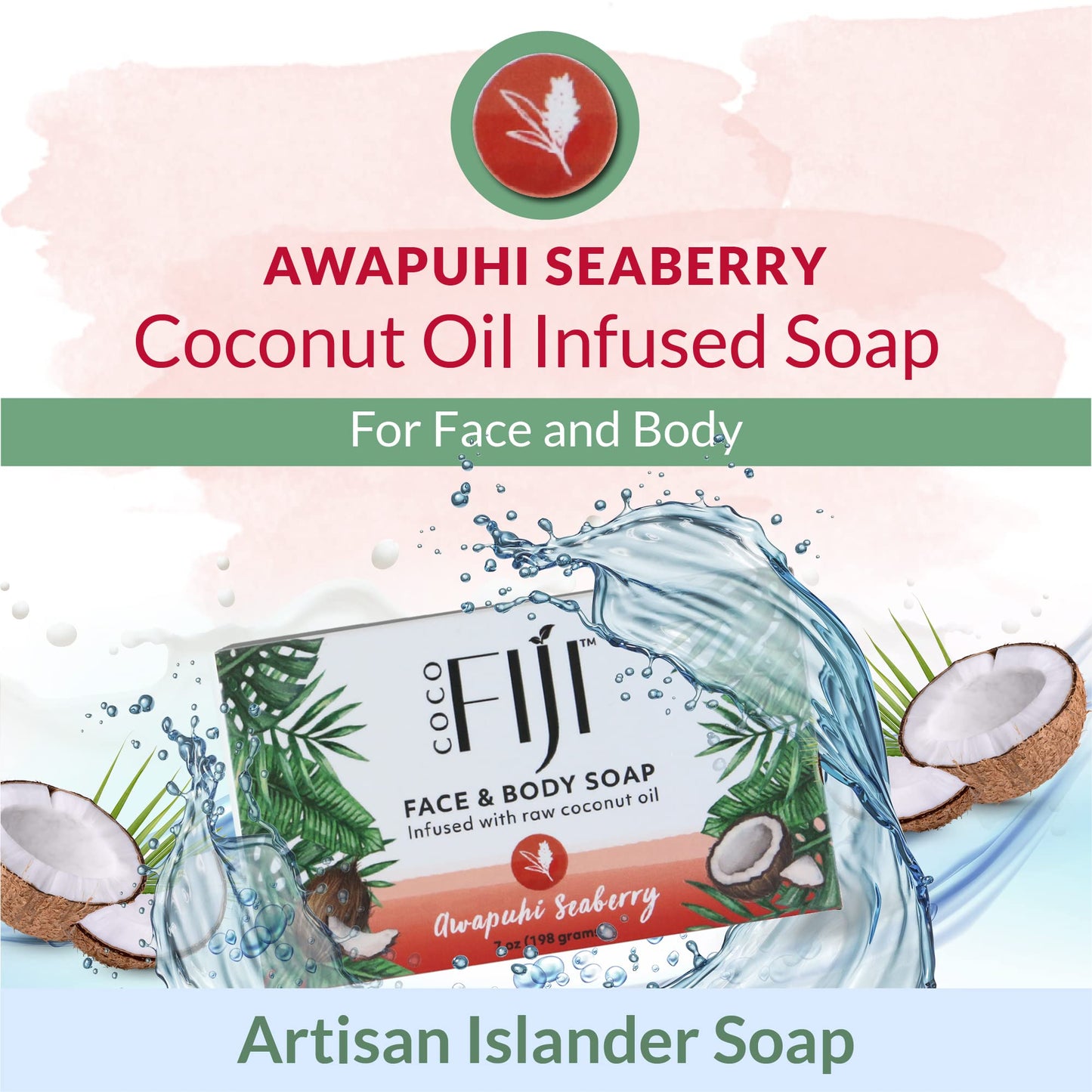 "Coco Fiji Soap Bar for Face and Body Infused With Organic Coconut Oil, Awapuhi Seaberry, Essential Oil, Natural Soap for Moisturizing & Pore Beauty & Personal Care Organic Fiji