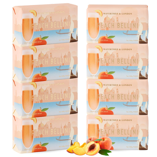 Wavertree & London Peach Bellini Scented Natural Soap (8 Bars), 7oz Moisturizing French Triple Milled Soap Bars enriched with shea butter - Pure Plant Beauty & Personal Care Wavertree & London