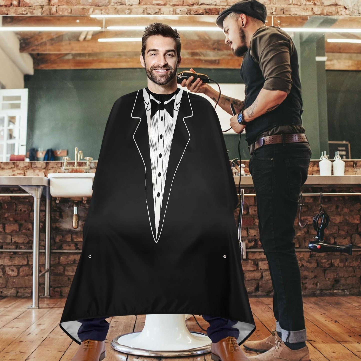 visesunny Tuxedo Design On Black Barber Cape Anti-Static Hair Cutting Cape with Snap Closure Professional Salon Polyester Beard Shaving Bib Beauty and Personal Care visesunny