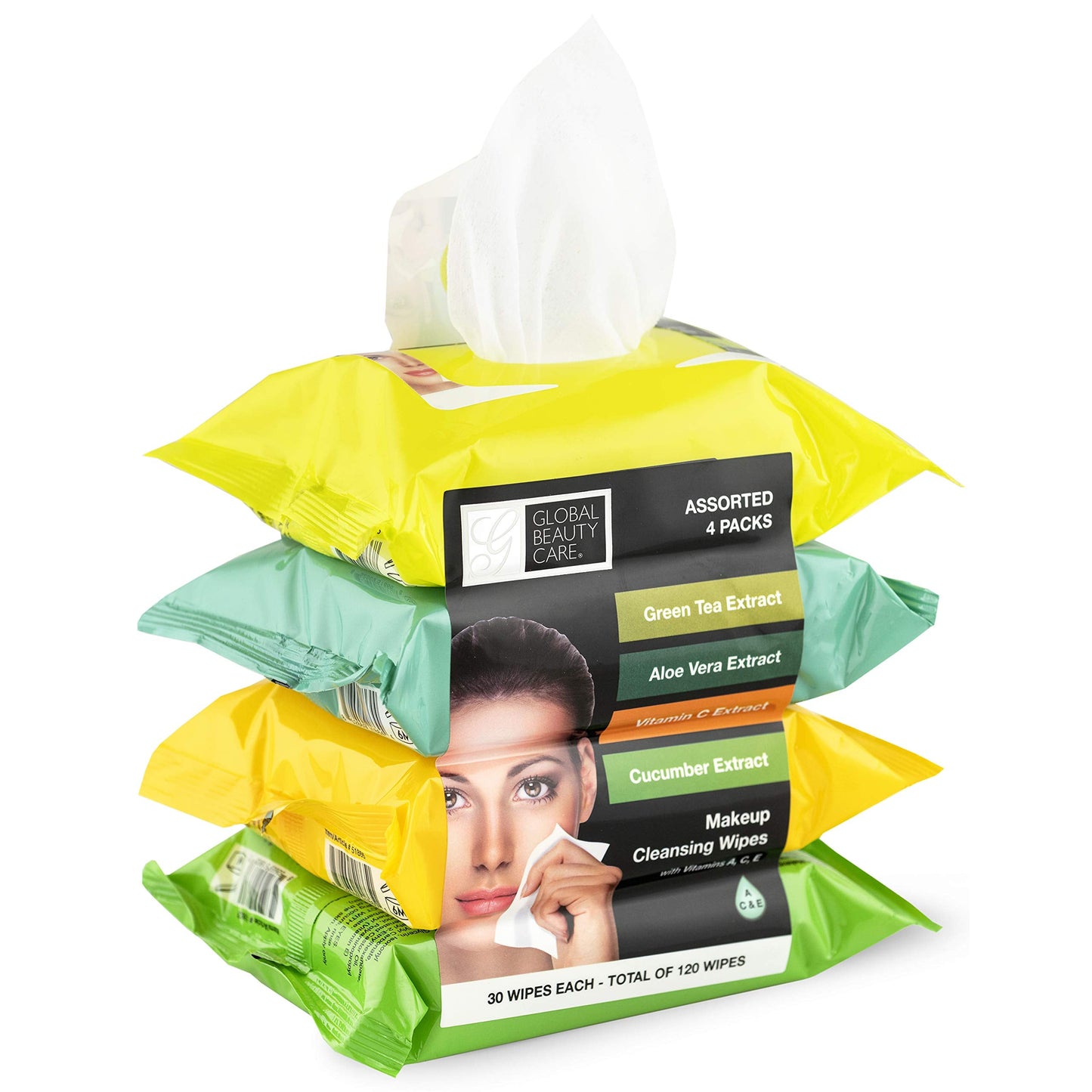 Global Beauty Care Assorted Makeup Remover Wipes Variety Pack - Green Tea, Aloe Vera, Vitamin C & Cucumber Extract Facial Cloths, Removes Waterproof Beauty & Personal Care Global Beauty Care