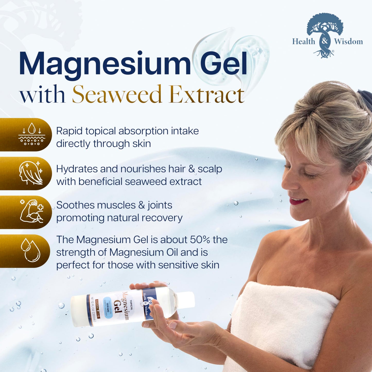 Health & Wisdom Pure Magnesium Gel with Seaweed Extract - USP Grade Topical Muscle & Joint Relief- Natural and Pure Skin & Scalp Moisturizing Beauty & Personal Care Health and Wisdom