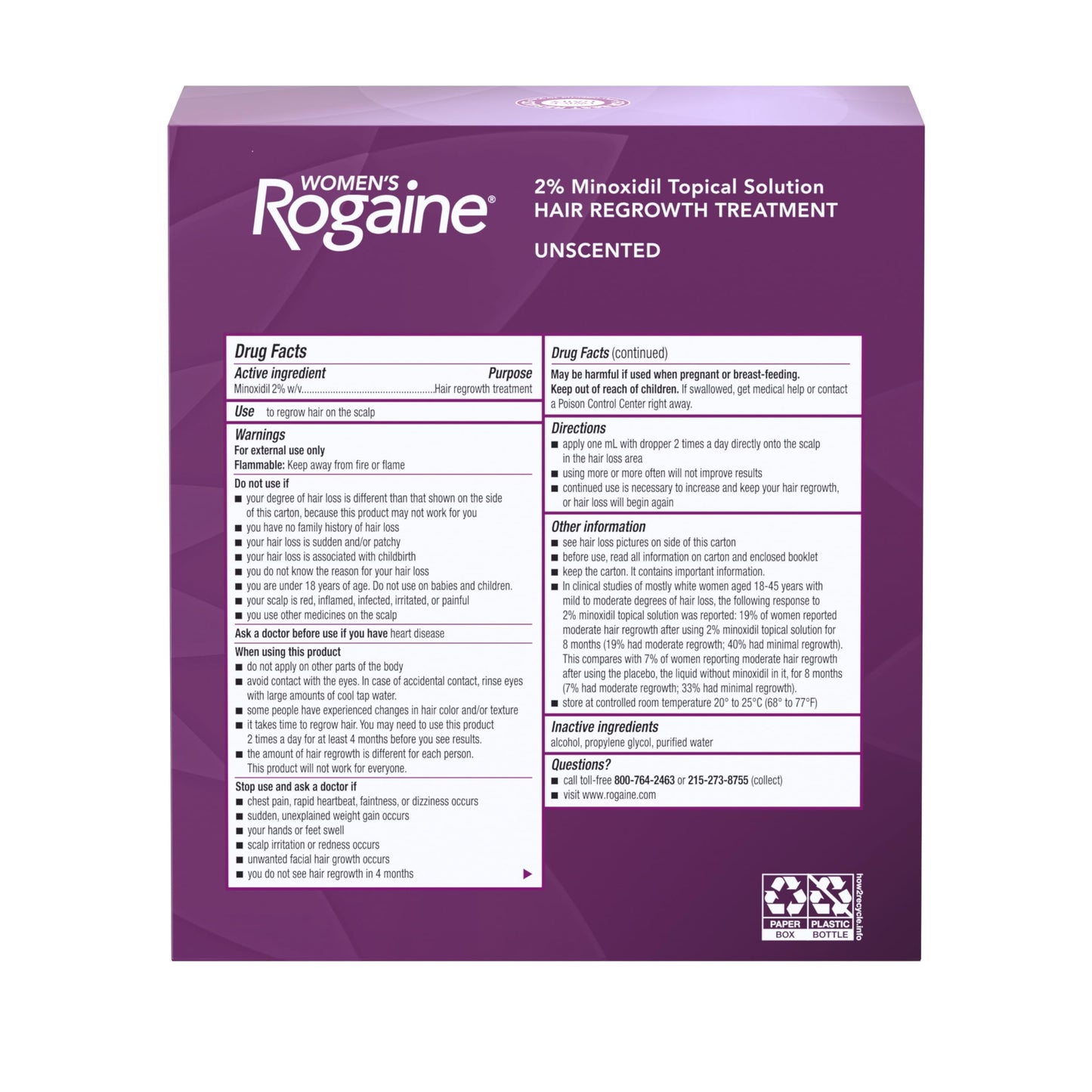 Women's Rogaine 2% Minoxidil Topical Solution for Hair Thinning and Loss, Topical Treatment for Women's Hair Regrowth, 3-Month Supply, Unscented Beauty and Personal Care Rogaine